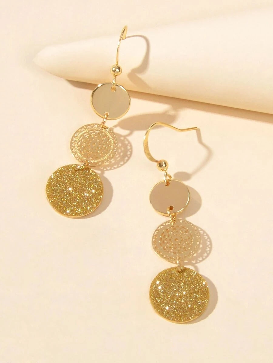 3 Tier Drop Dangle Geometric Shiny Round Disc Earrings Circle Coin Ear Jewellery