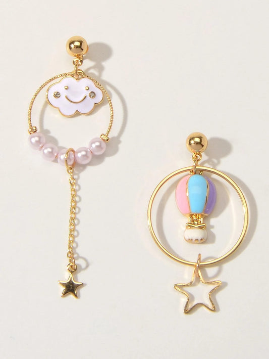 Lovely Jewellery Pearl Hot Air Balloon Clouds Star Charm Asymmetric Earrings