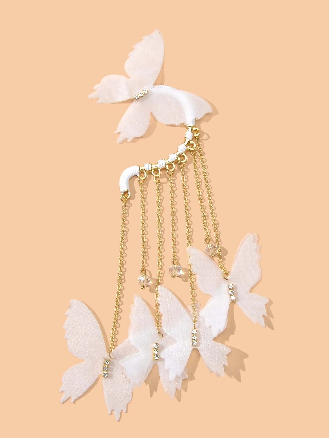 1pc Gold Tassel Chain White Handmade Butterfly Dangle Earring Ear Cuff Climber