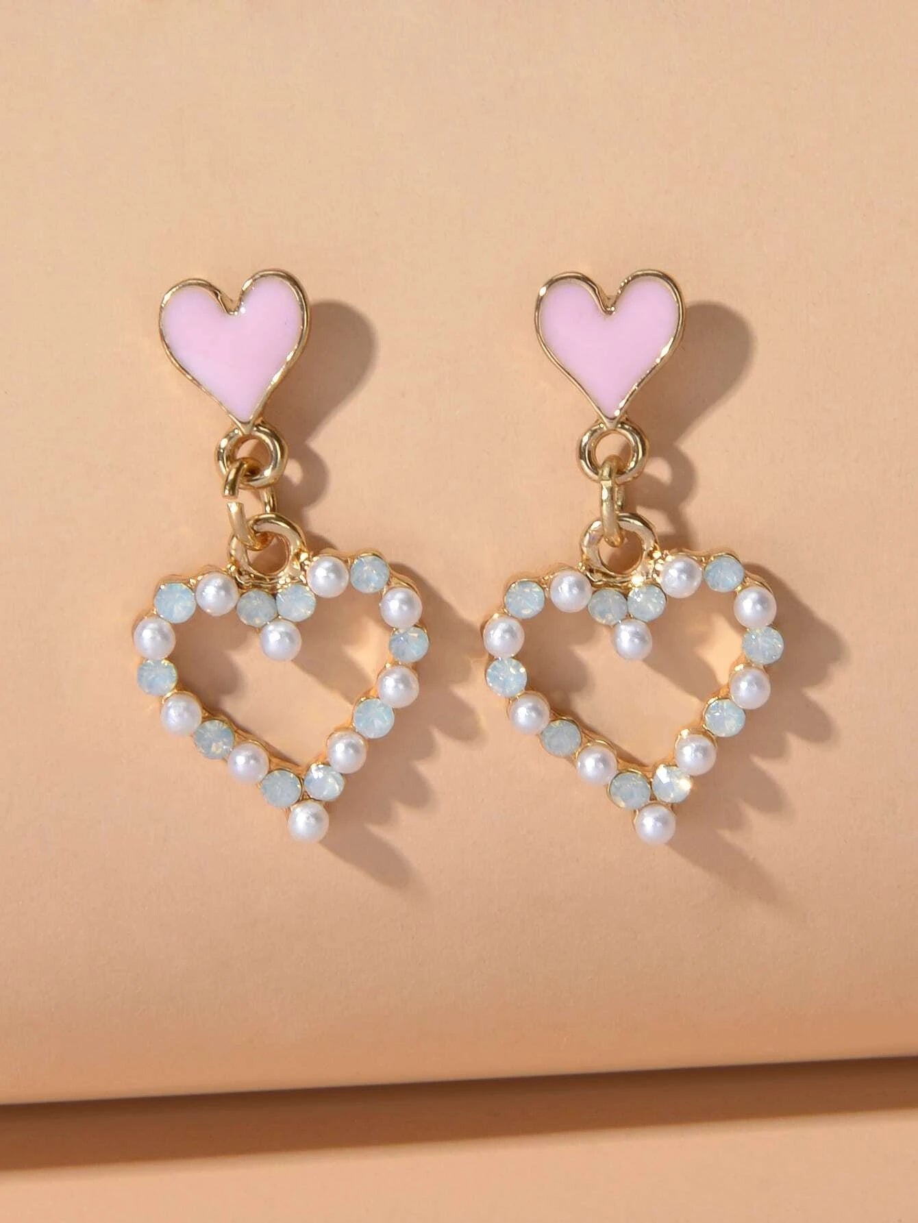 Personality Pink Enamel Pearl Heart Drop Earrings Dainty Gifts for Women Girls