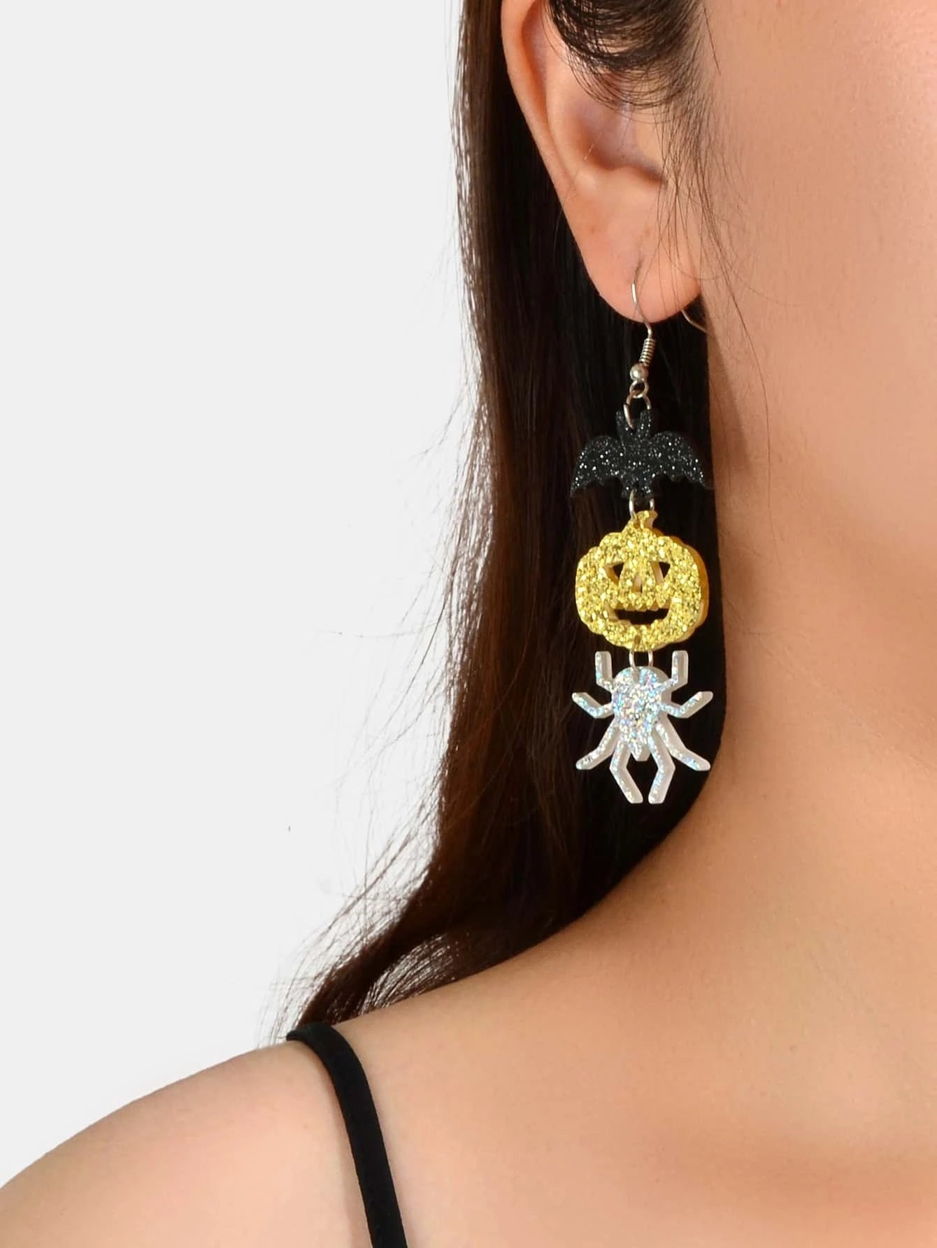 Halloween Gothic Acrylic Black Bat Spider Pumpkin Statement Drop Earrings Party