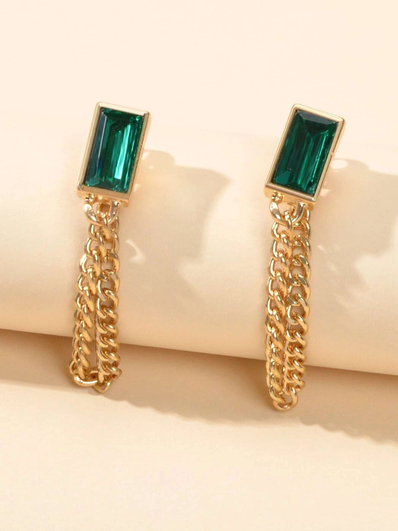 Gold Tone Chain Green Square Drop Dangle Earrings Ear Jacket Tassel Stud Jewelry