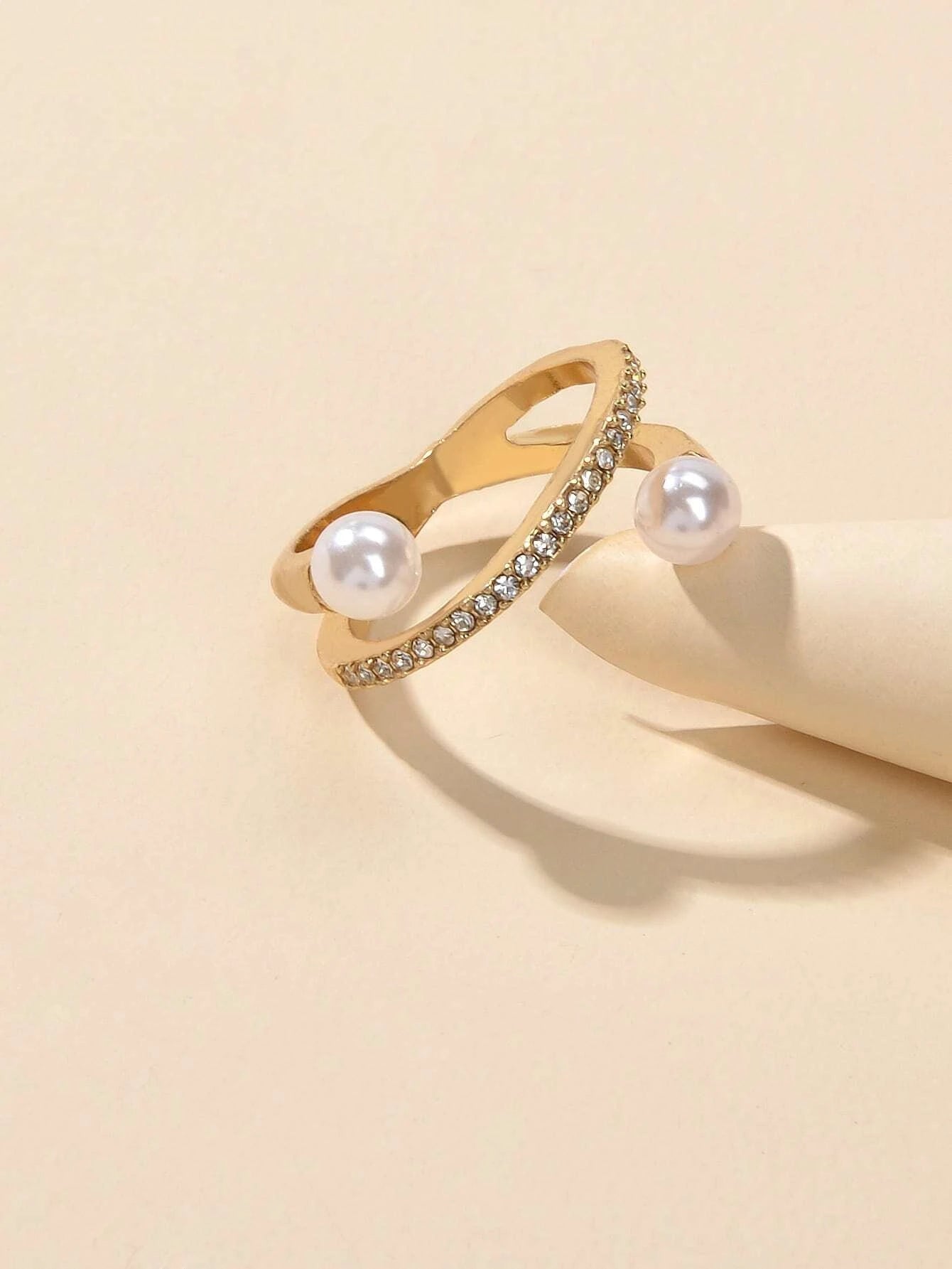 Textured Jewellery Rhinestone Pearl Eternity Gold Finger Ring for Wedding Party