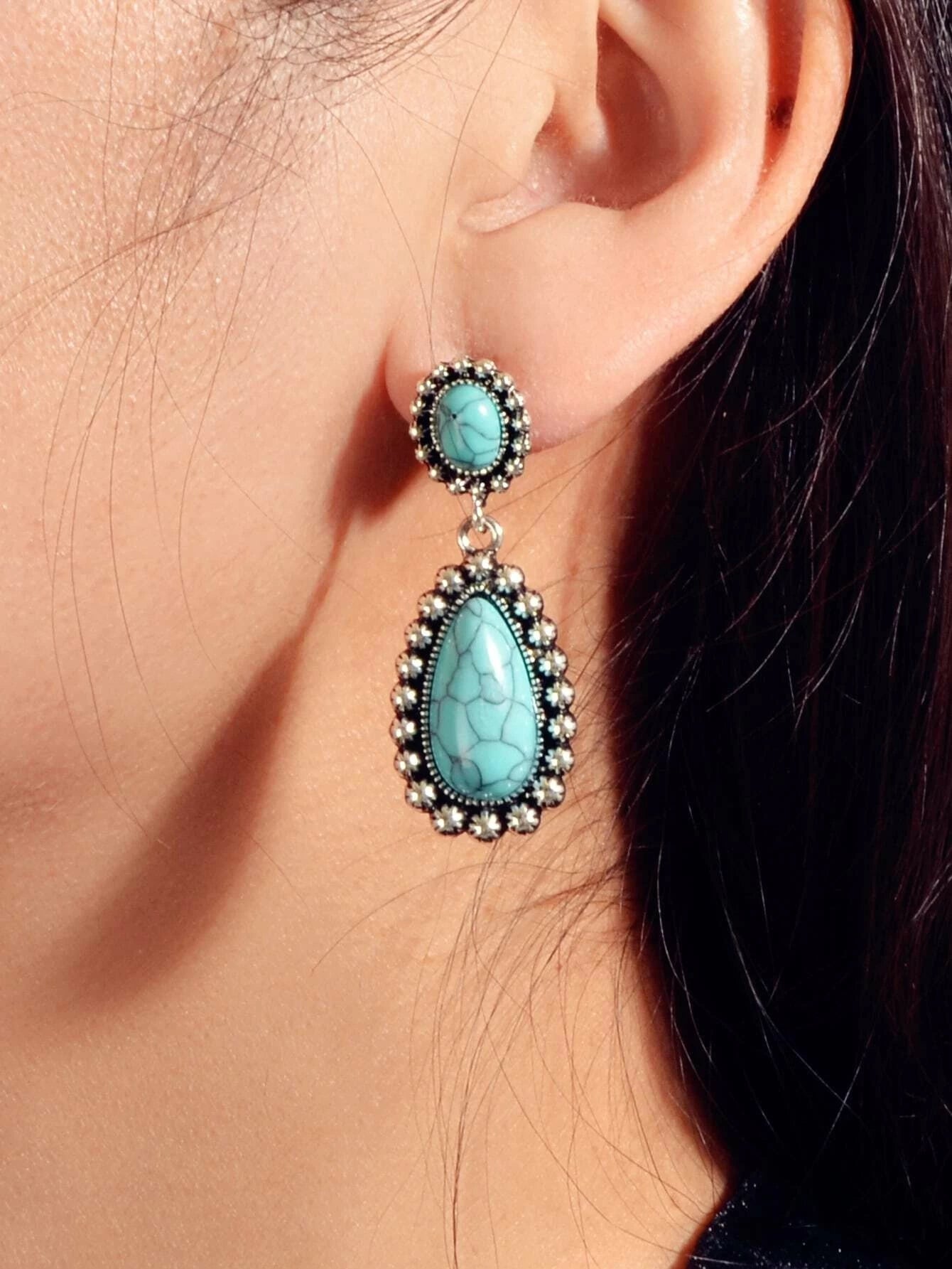 Traditional Jewellery Ethnic Antique Boho Oxidized Turquoise Water Drop Earrings