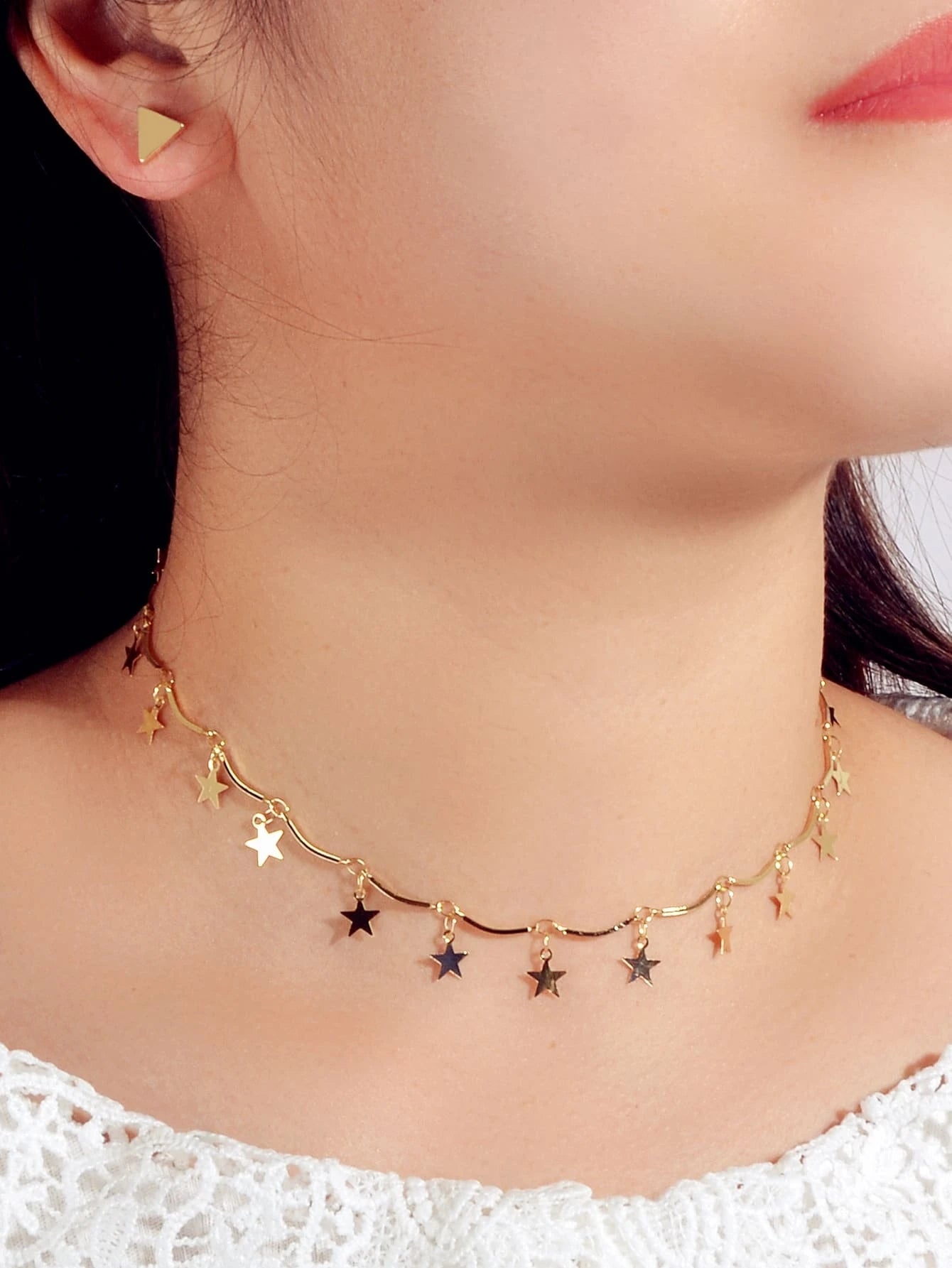 Jewellery set Fashion Gold Stars Charm Statement Necklace Triangle Stud Earrings