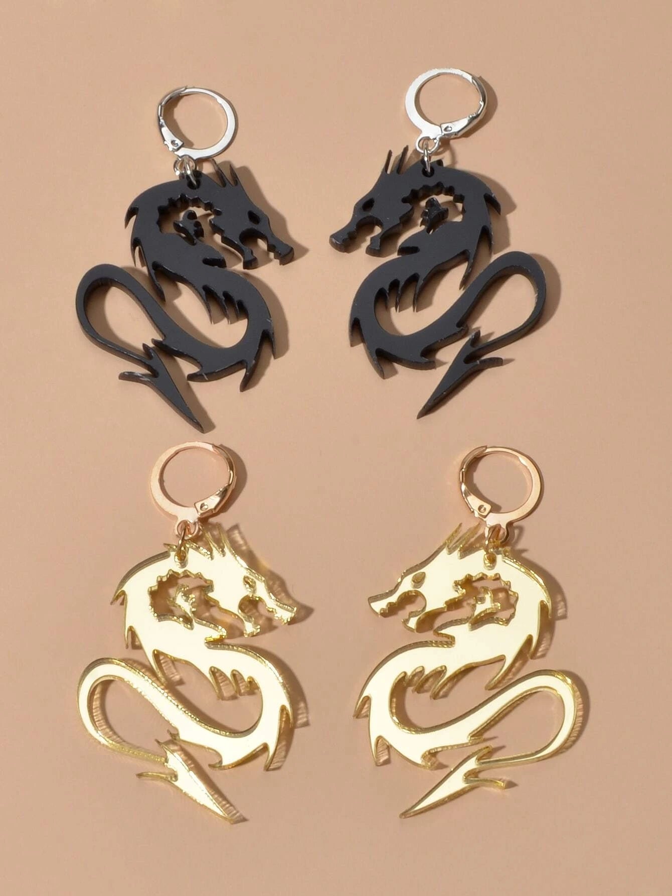 2pairs Hiphop Jewellery Acrylic Black Gold Dragon Drop Earrings Punk Accessories