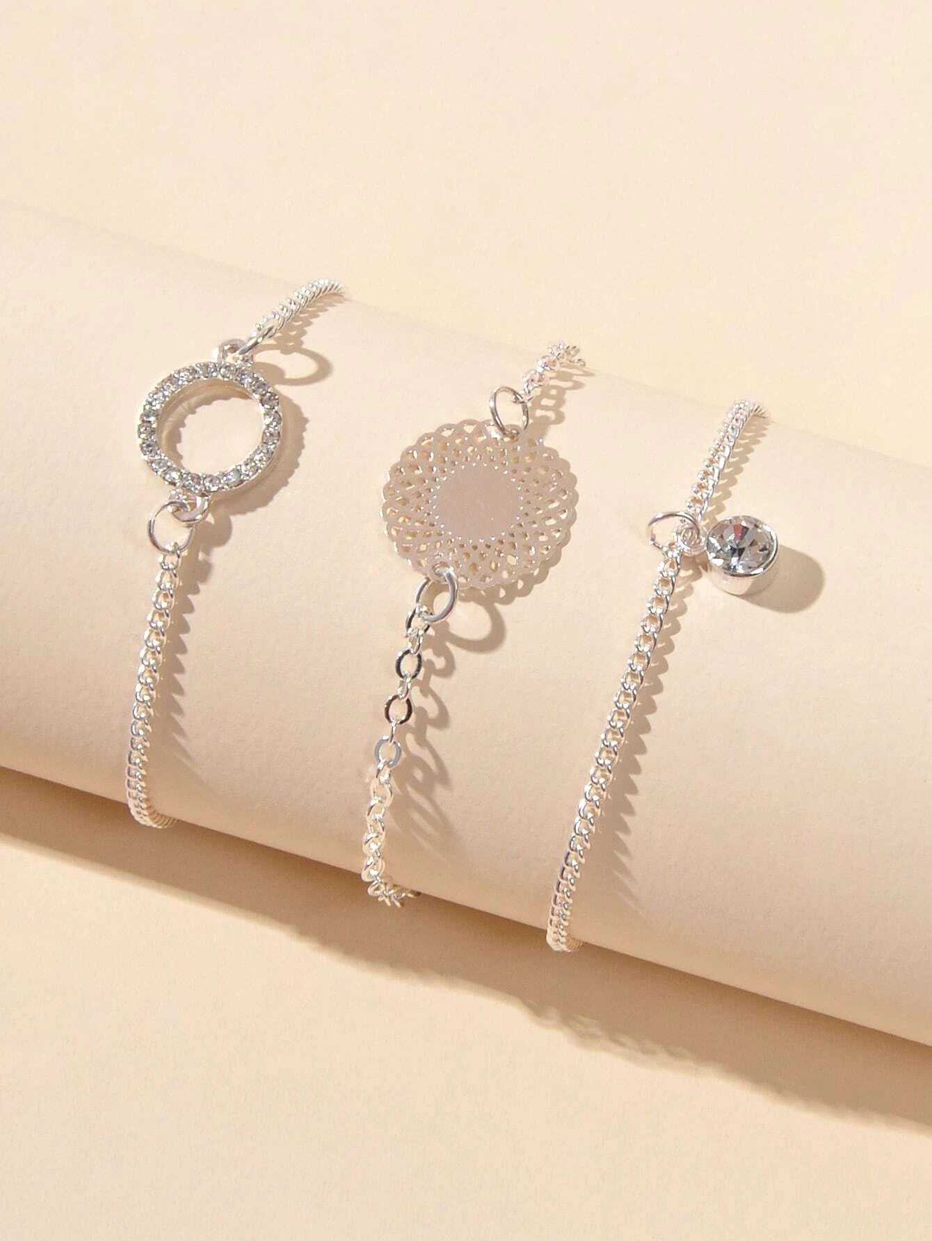 3 pcs/set Fashion Jewellery Silver Chain Rhinestone Circle Charm Bracelet Gift