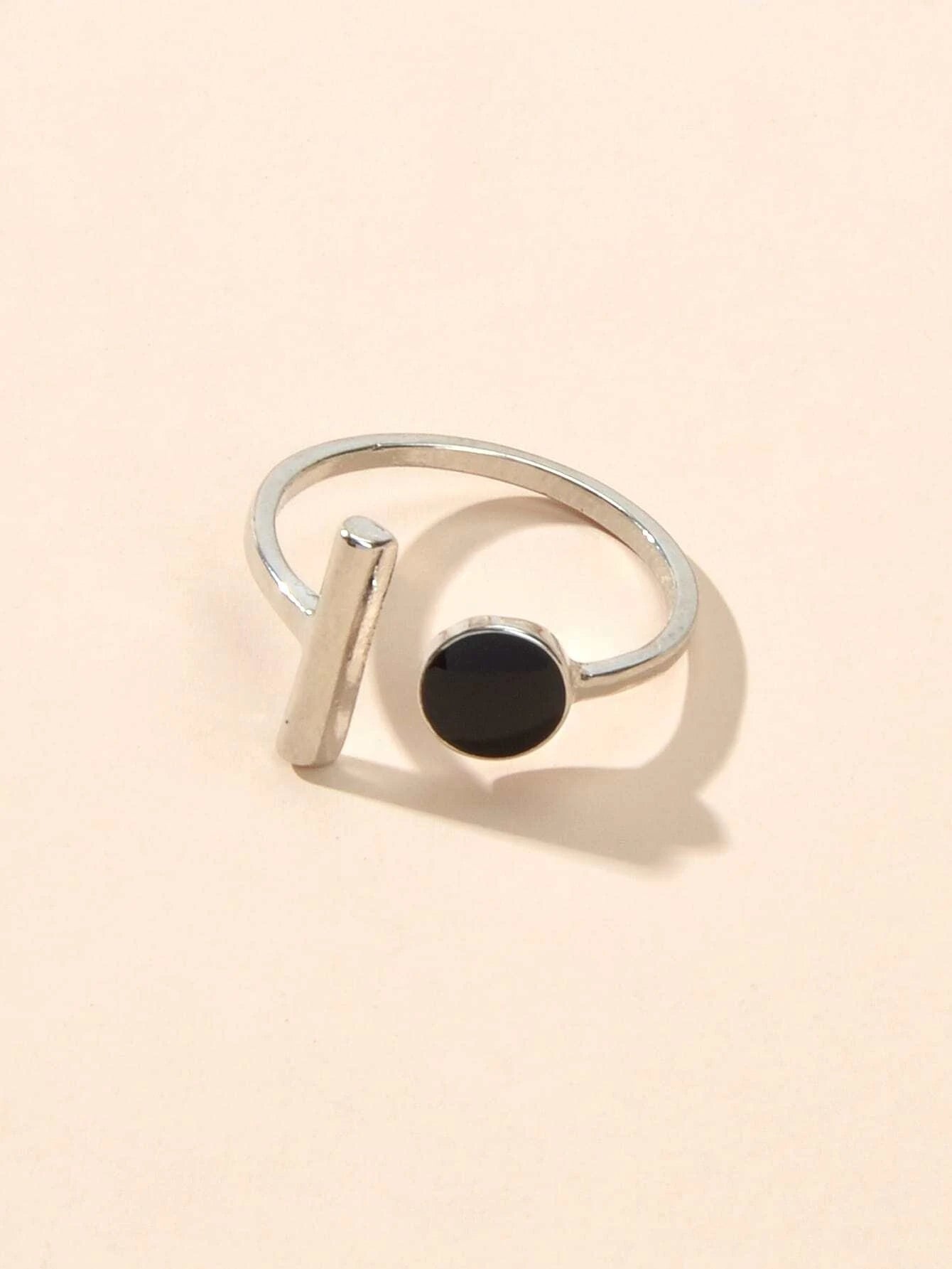 Textured Jewellery Black Enamel Round Bar Silver Open Cuff Finger Women Ring