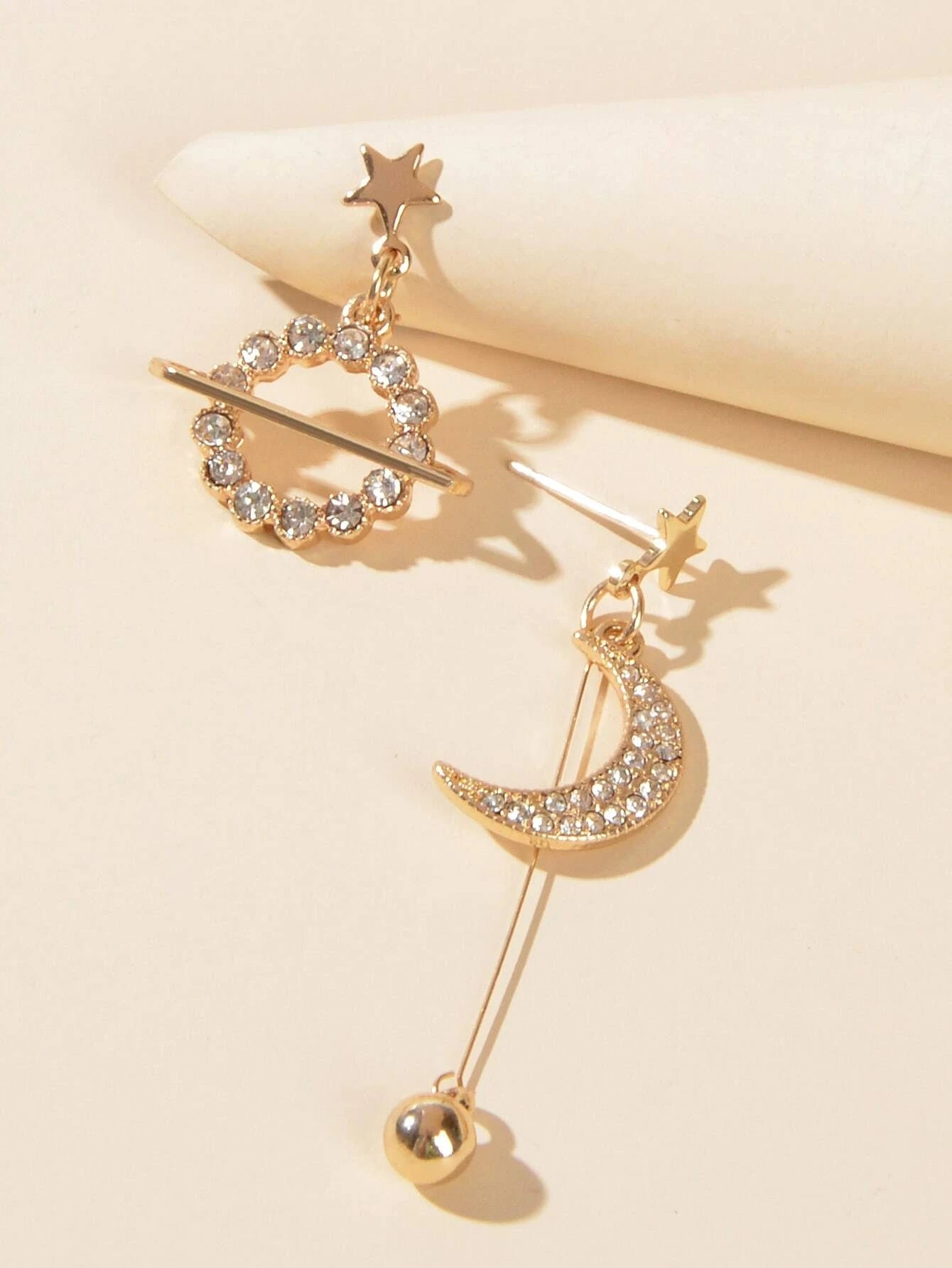 Fashion Rhinestone Ball Pendant Gold Moon Planet Asymmetric Drop Dangle Earrings