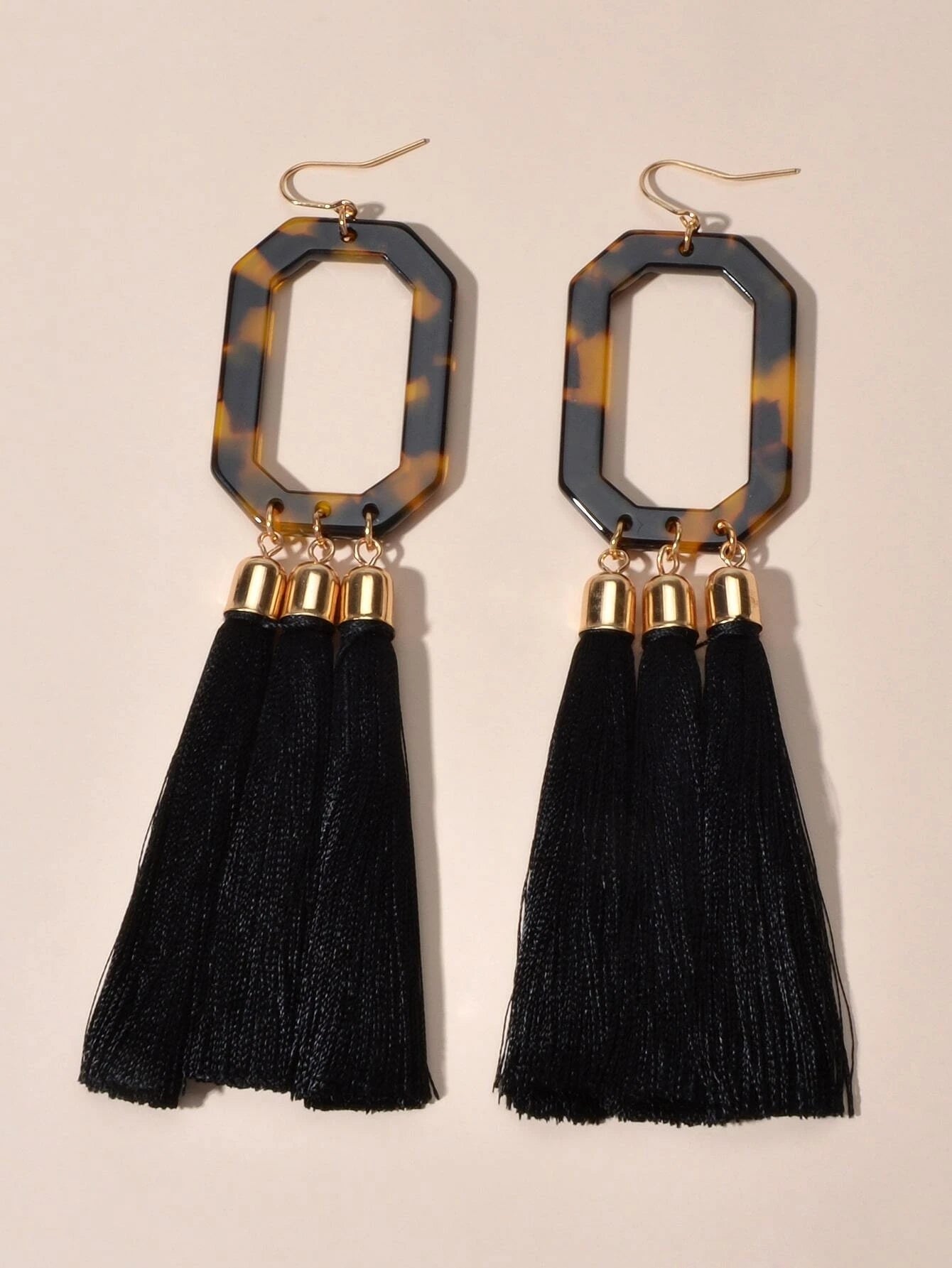 Bohemian Jewellery Leopard Acrylic Black Tassel Dangle Earring Ethnic Accessory