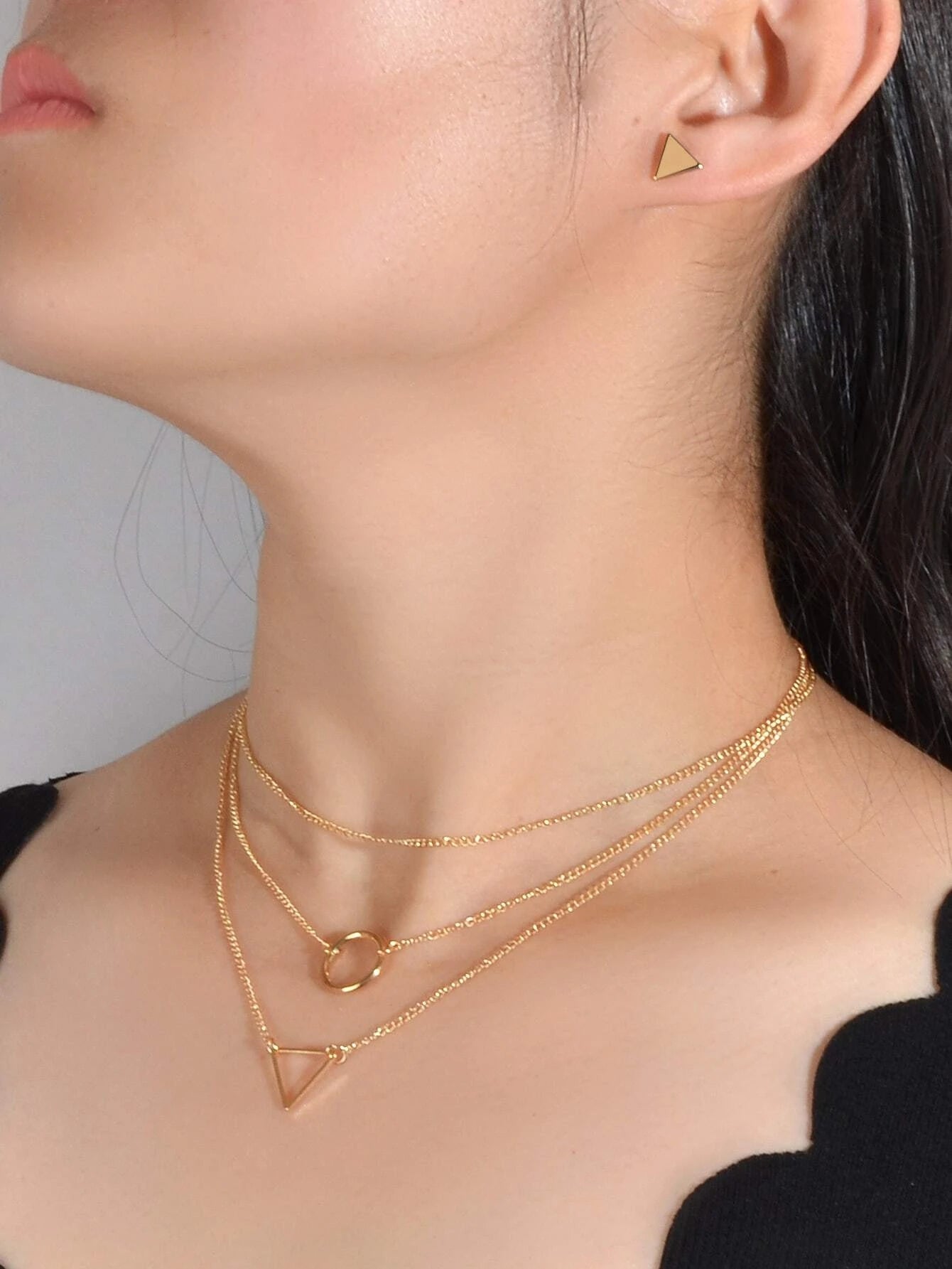 Jewellery set 3 pcs Gold Chain Circle Triangle Pendant Necklace Stud Earrings