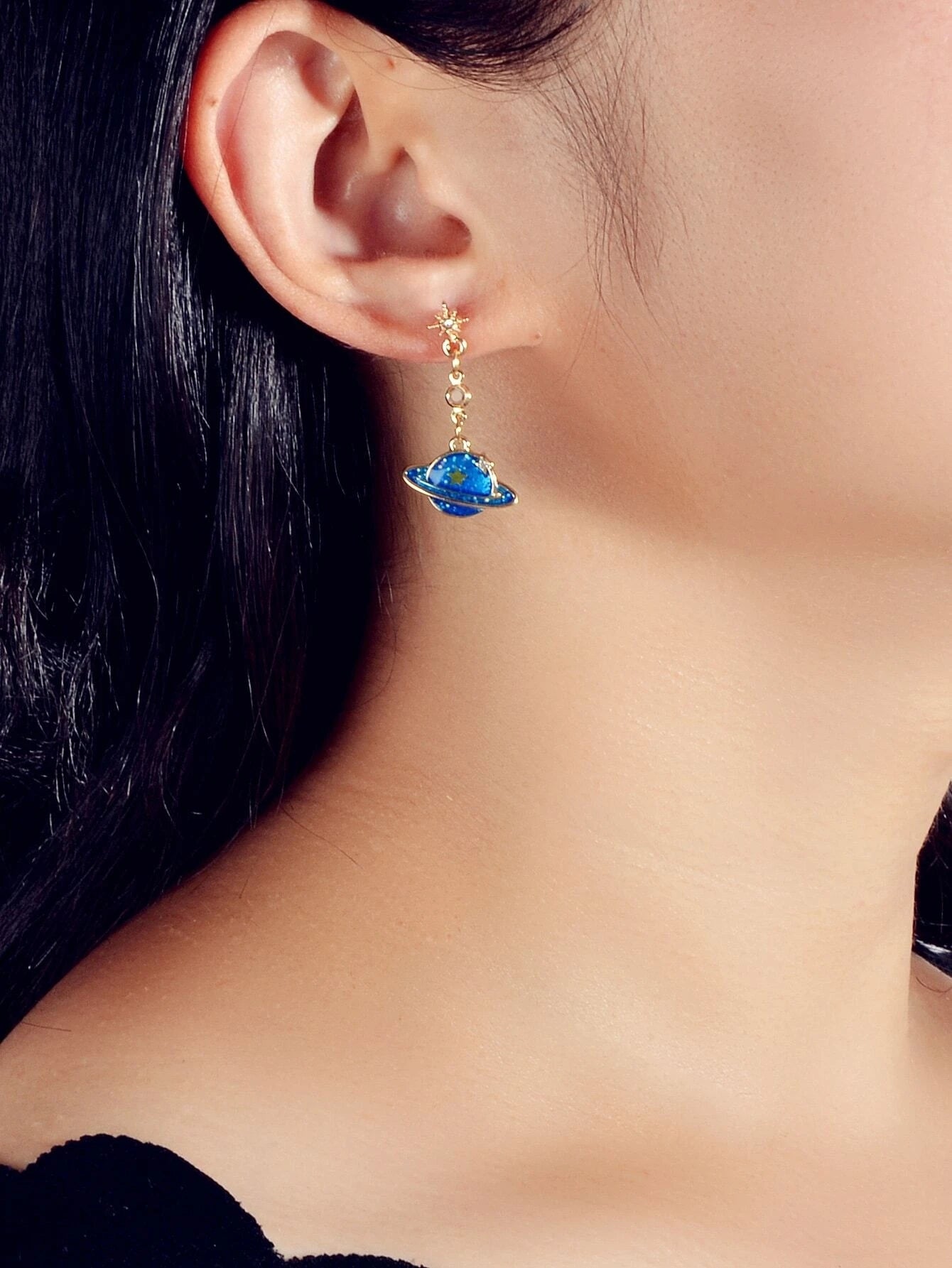 Fashion Jewellery Blue Enamel Planet Moon Star Asymmetric Drop Stunning Earrings