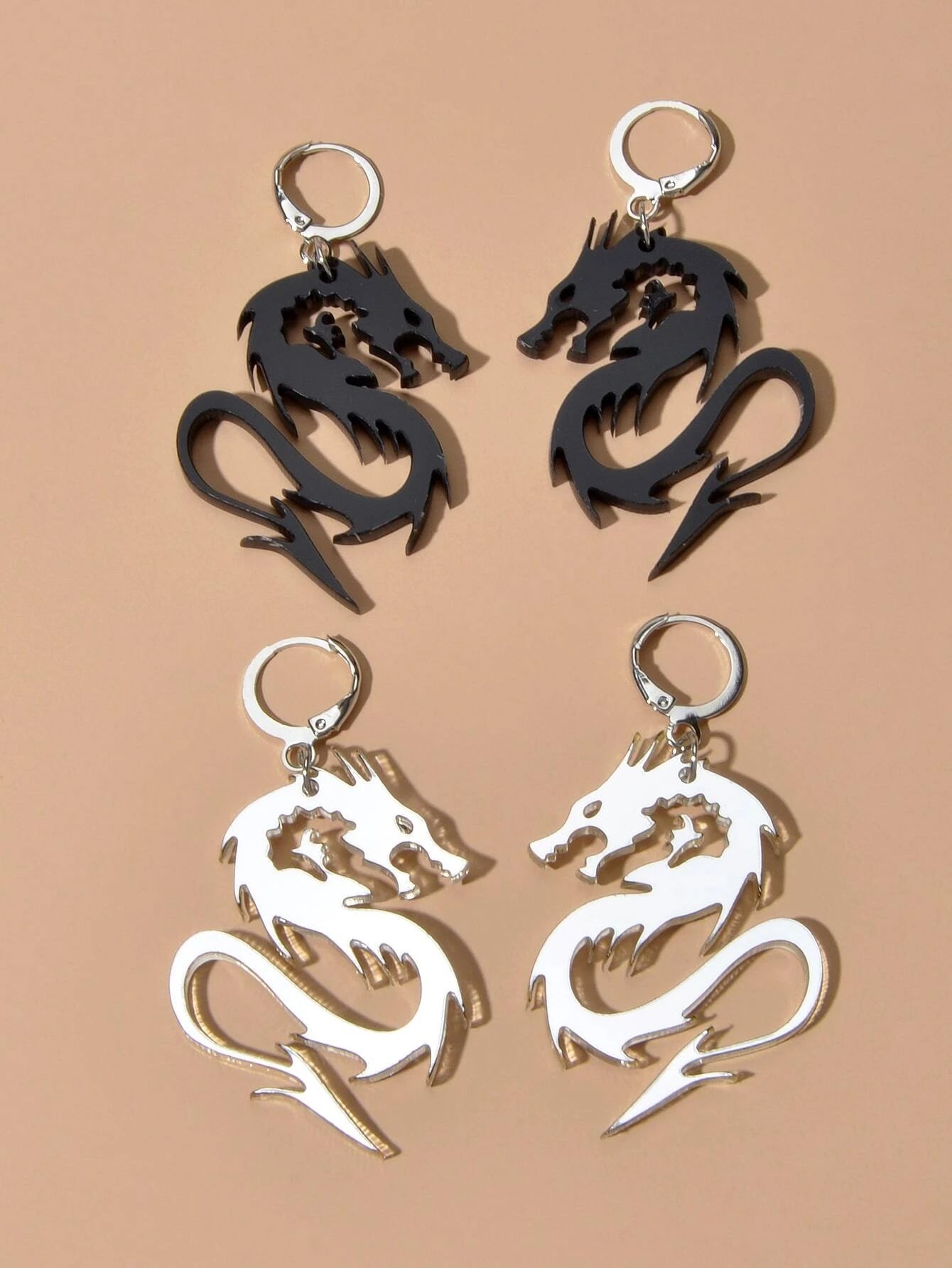 2pairs Hiphop Jewellery Acrylic Black Gold Dragon Drop Earrings Punk Accessories