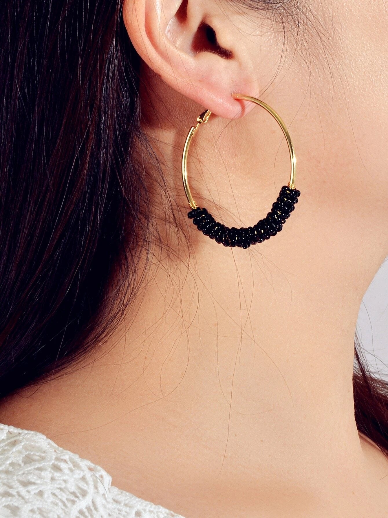 Bohemian Jewellery Handmade Black Beads Big Hoop Earrings Ethnic Women Accessory