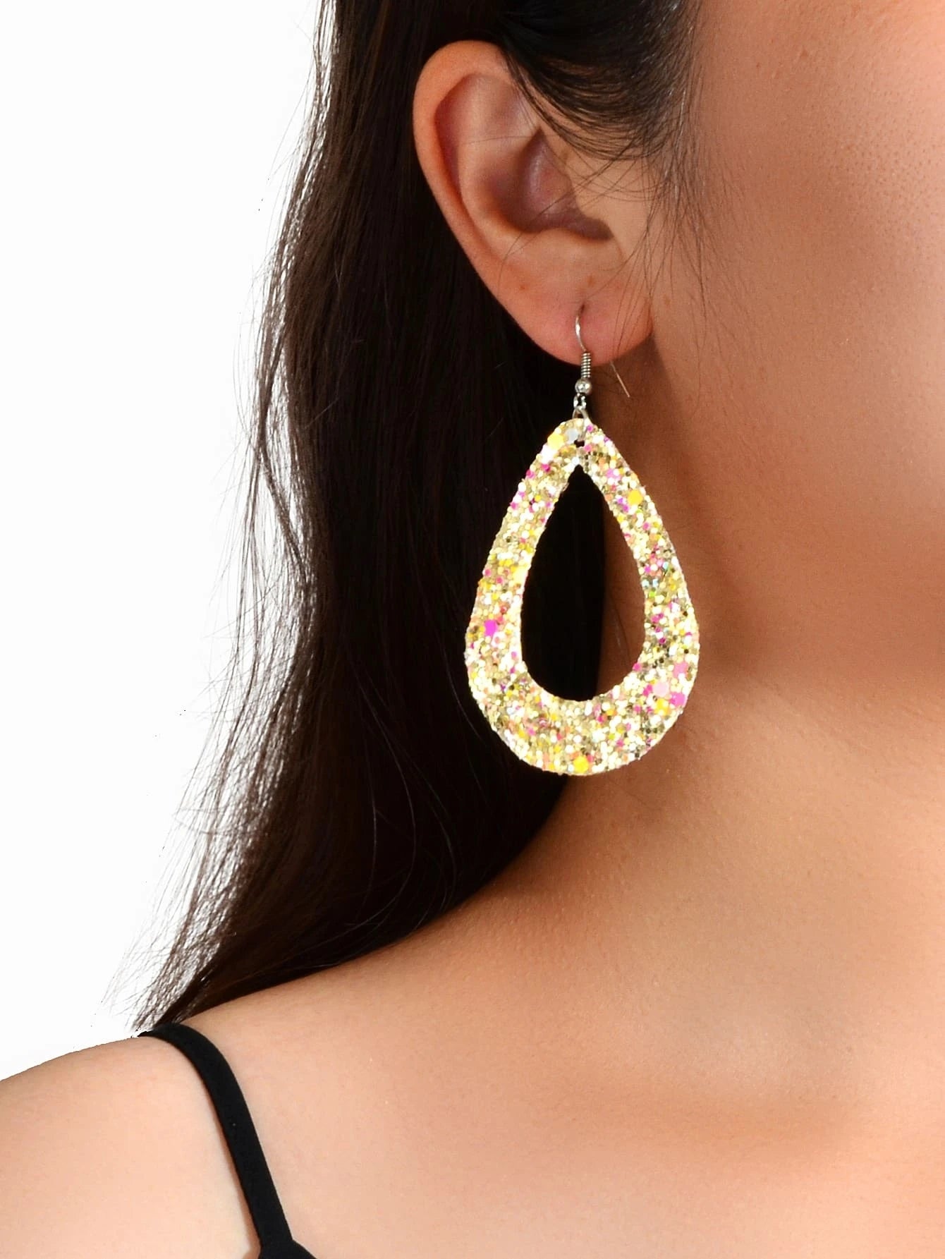 Boho Chic Gold Black Leather Shining Sequins Water Drop Big Dangle Earrings Gift