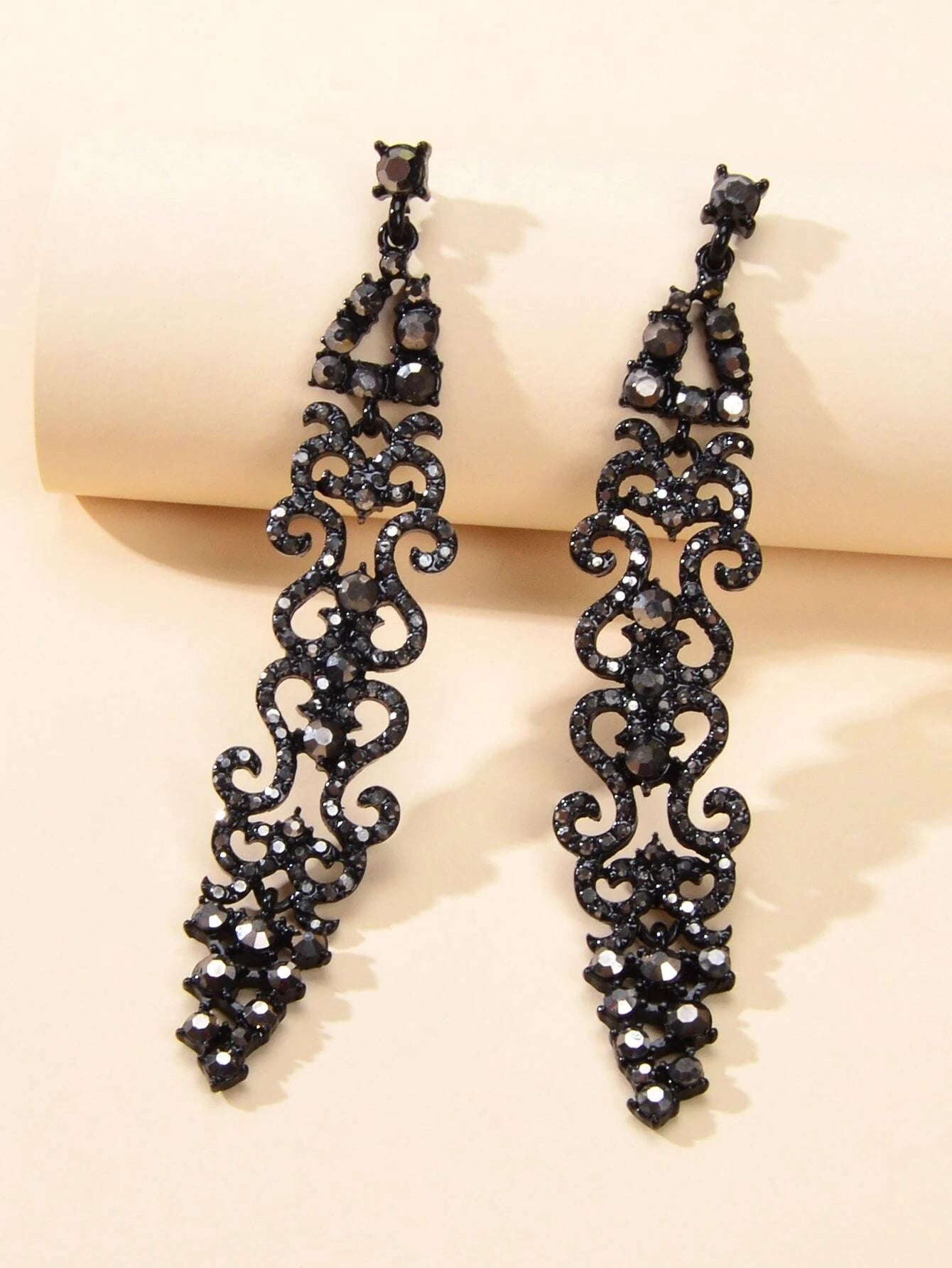 Rhinestone Black Hollow out Long Geometric Vintage Dangle Earrings Punk Jewelry