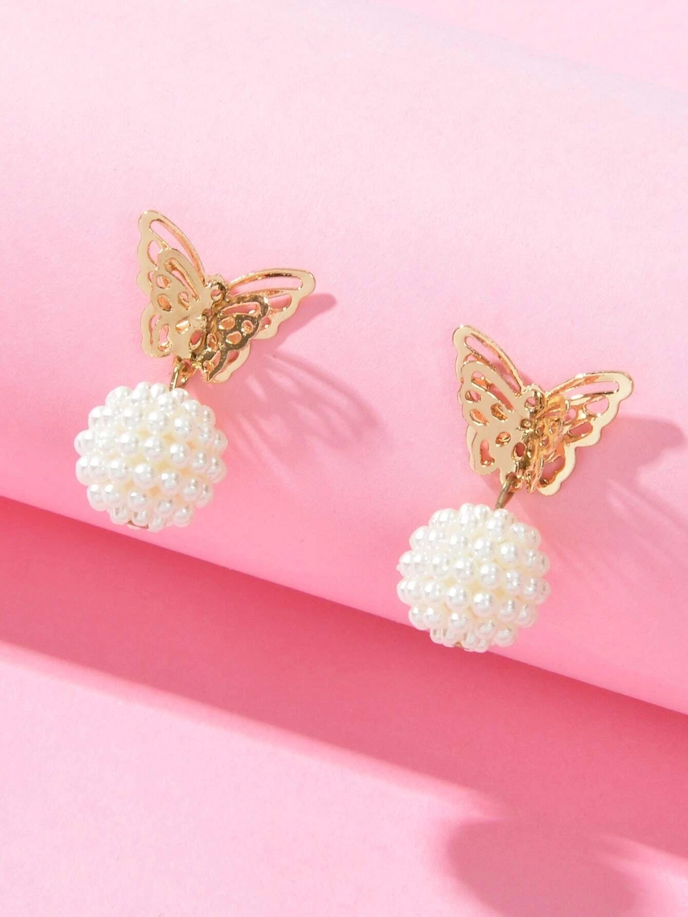 Faux Pearl Ball Gold Tone Butterfly Stud Earrings Women Teens Textured Jewellery