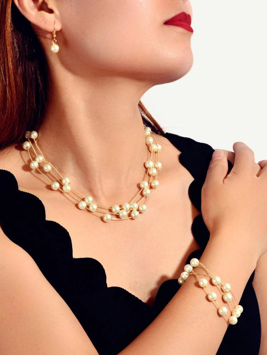 Jewellery set Pearl Decor Gold Multi-layer Chain Necklace Bracelet Drop Earrings