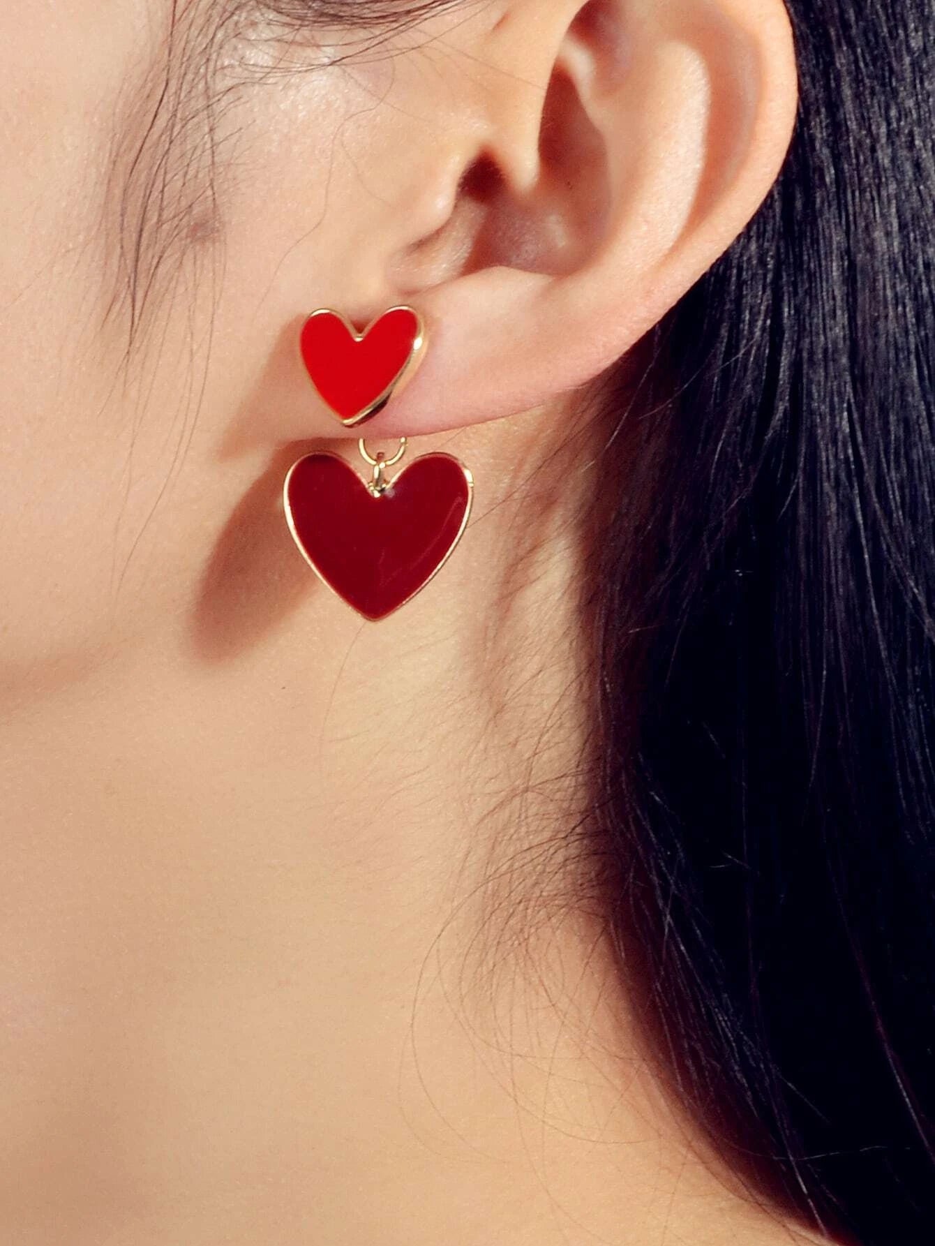 Personality Red Enamel Heart Stud Earrings Women Girls Ear Jacket Dainty Gifts