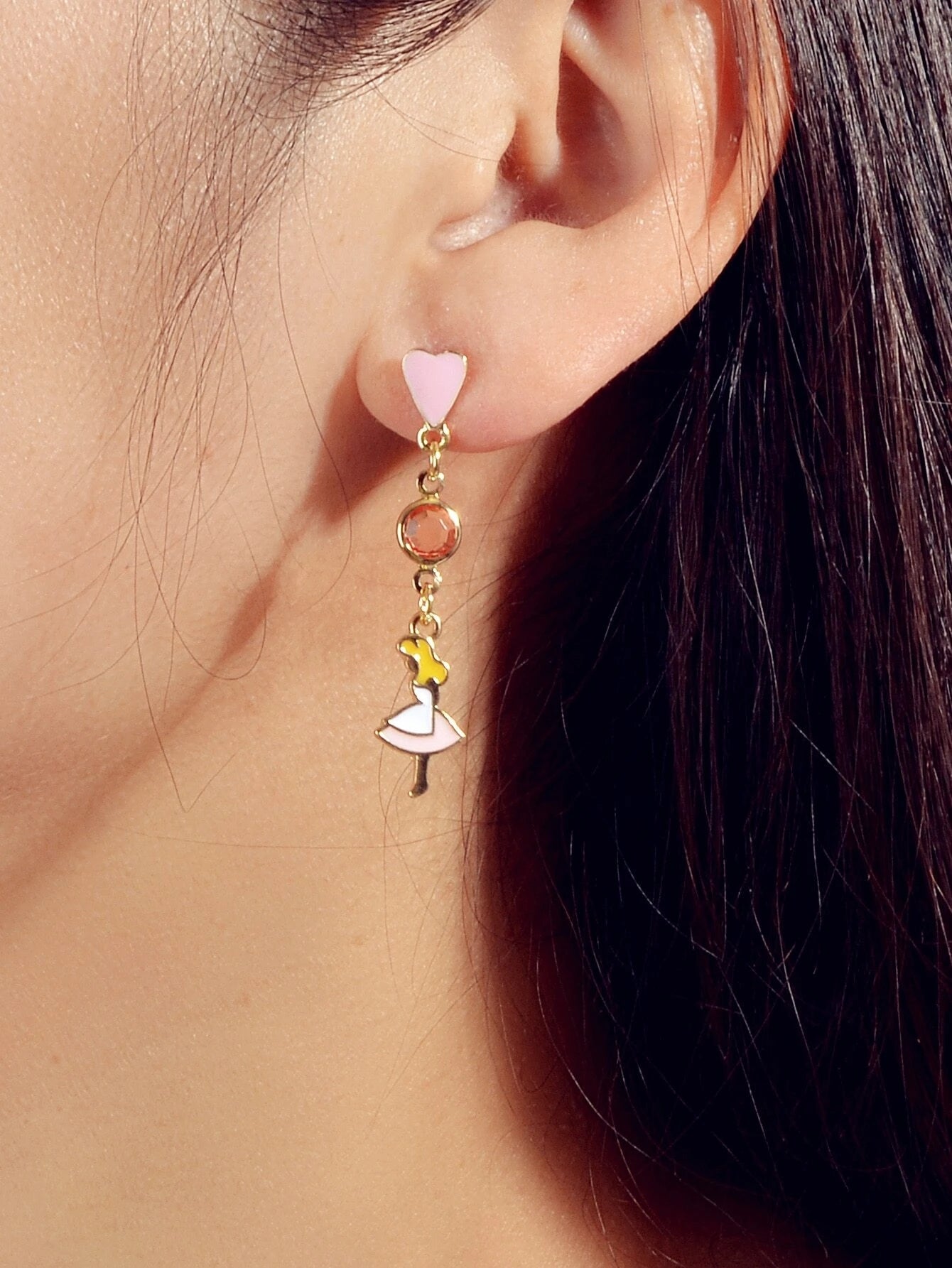 Cartoon Pink Heart Clock Dancer Asymmetric Drop Earrings Women Girls Dainty Gift