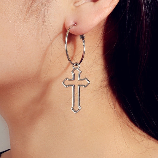 Punk Jewellery Silver Cross Statement Hoop Earrings Fashion Women Accessories