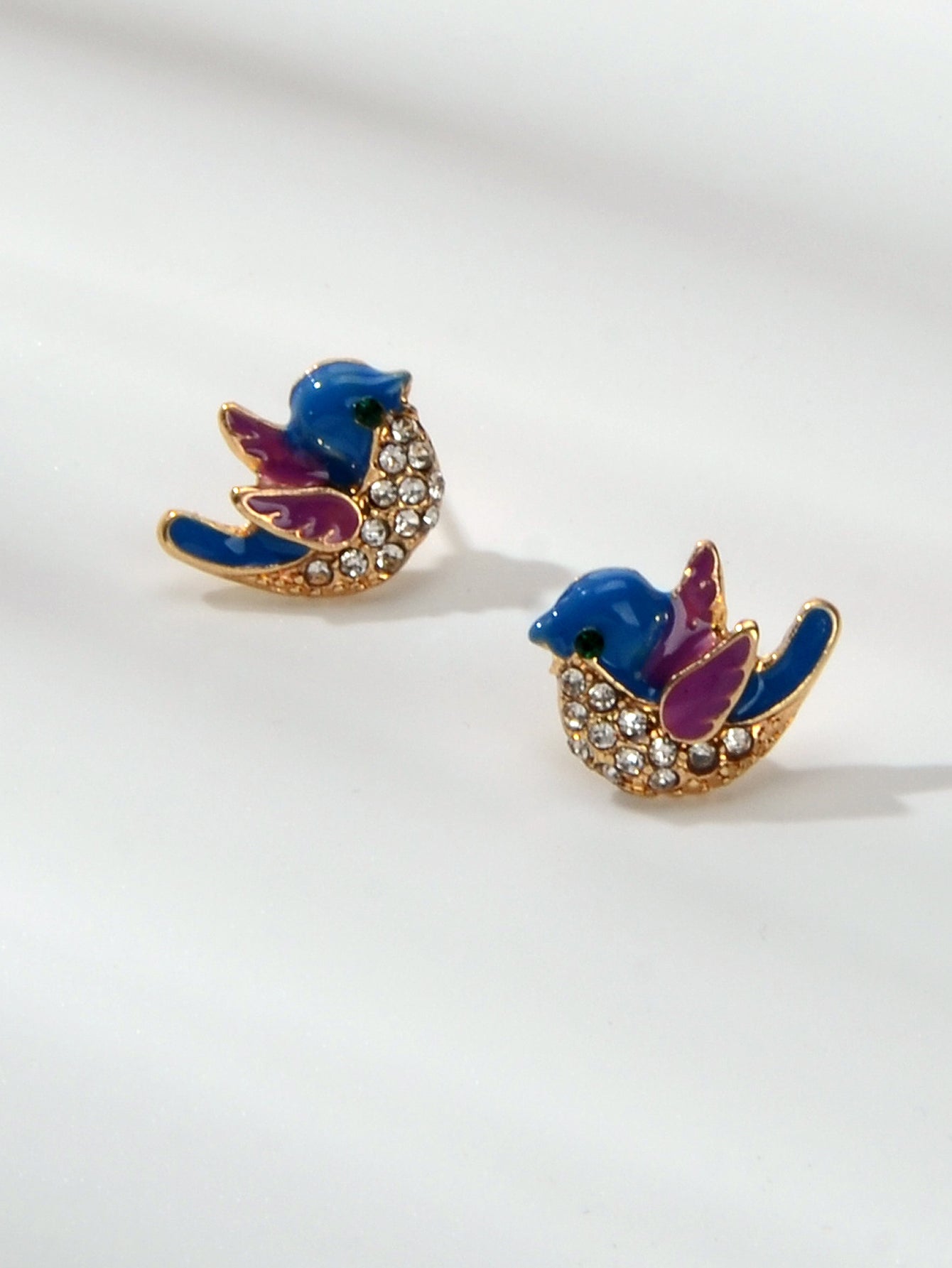 Small Rhinestone Purple Blue Enamel Love Birds Stud Earrings Funny Party Gifts