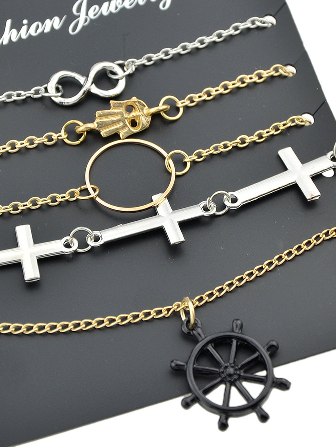 5pcs Nautical Silver Gold Chain Hand Infinity Cross Rudder Charm Bracelets set