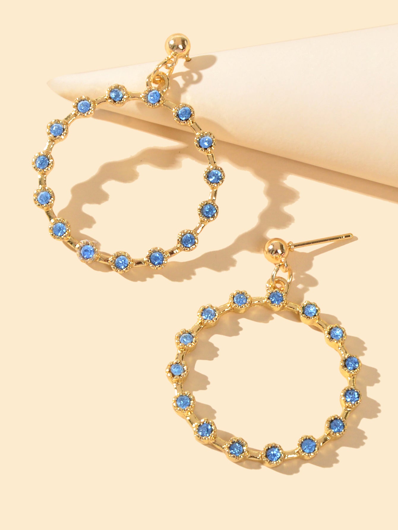 Fashion Ladies Jewelry Blue Rhinestone Gold Circle Dangle Party Bridal Earrings