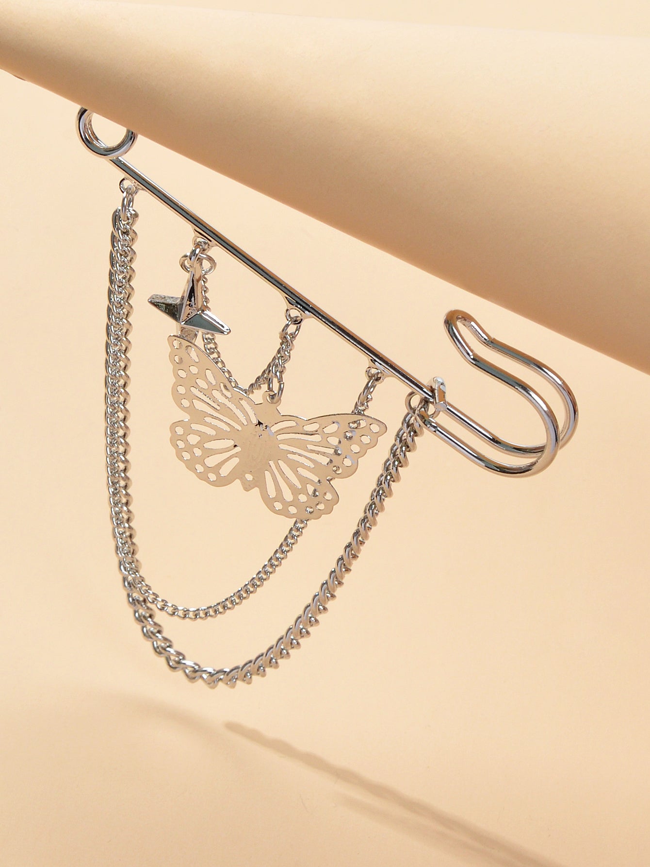 Star Butterfly Charm Silver Chain Tassel Safety Lapel Pins Brooches for Women