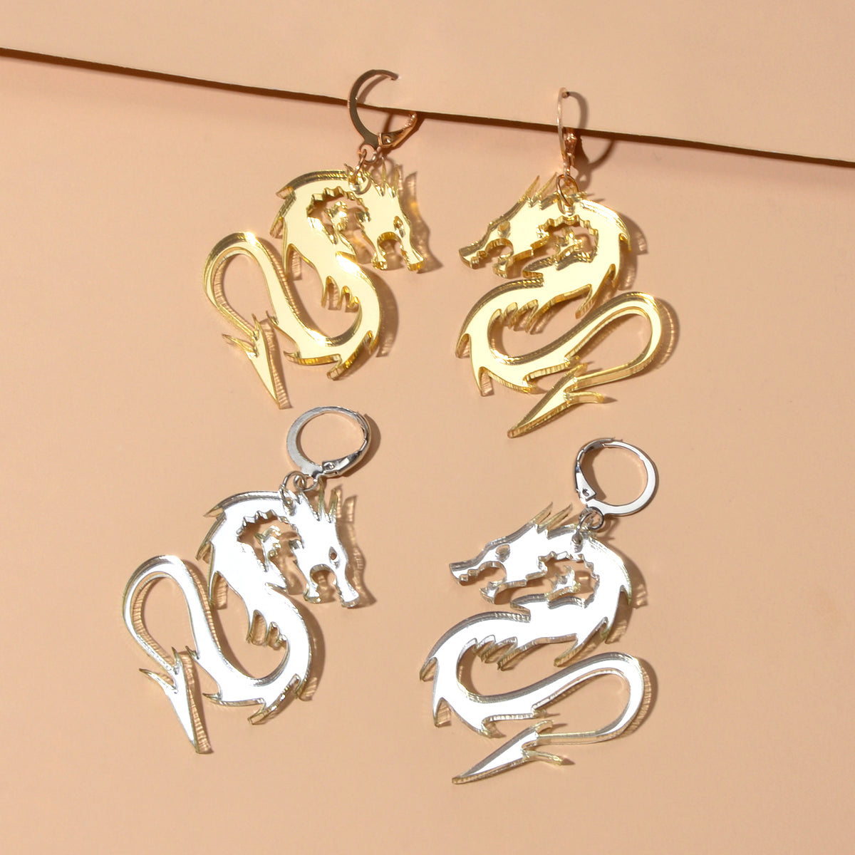 2pairs Hiphop Jewellery Acrylic Black Gold Dragon Drop Earrings Punk Accessories