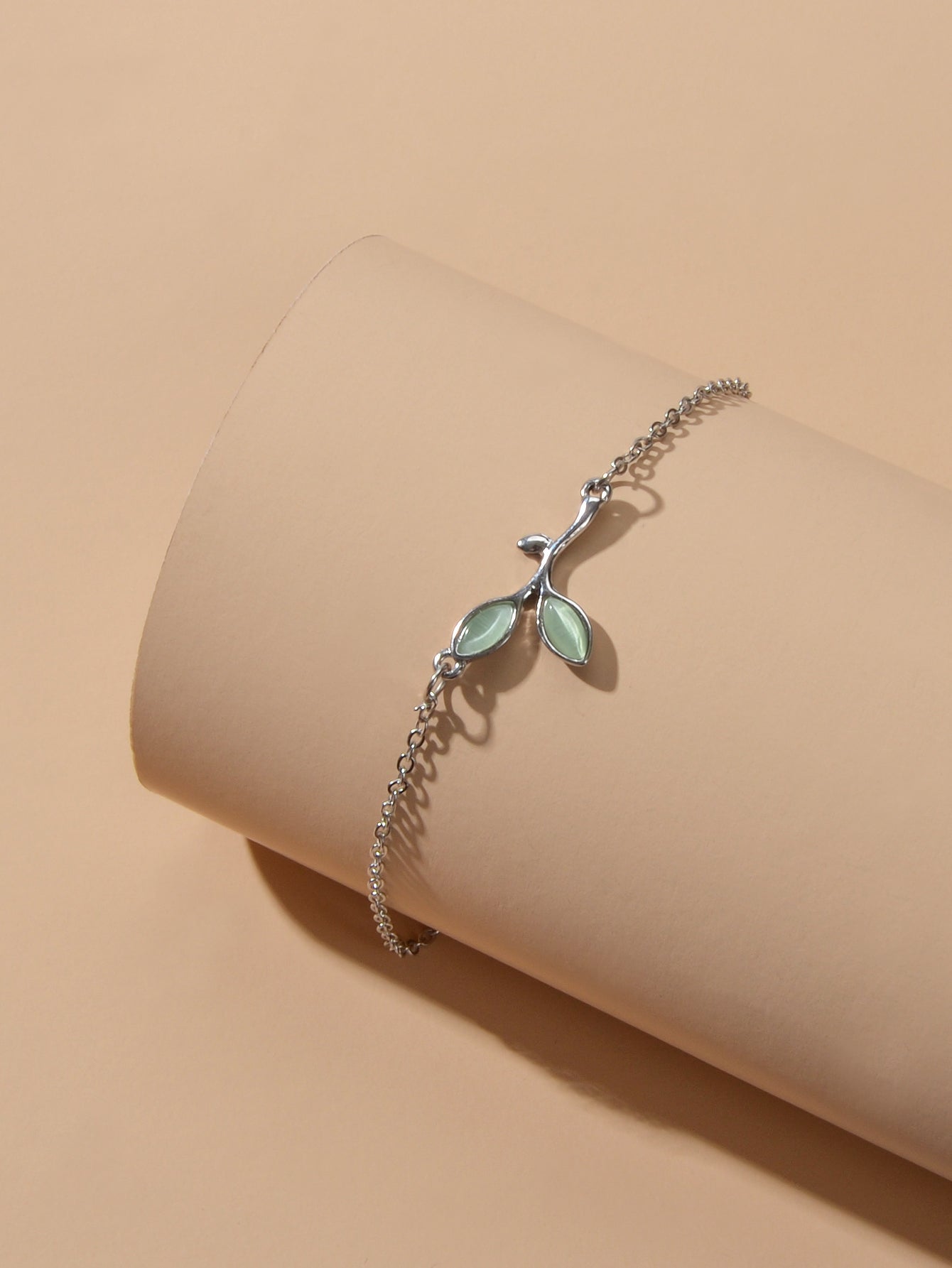 Green Opal Leaf Charm Silver Chain Bracelet Women Girls Wedding Party Jewellery