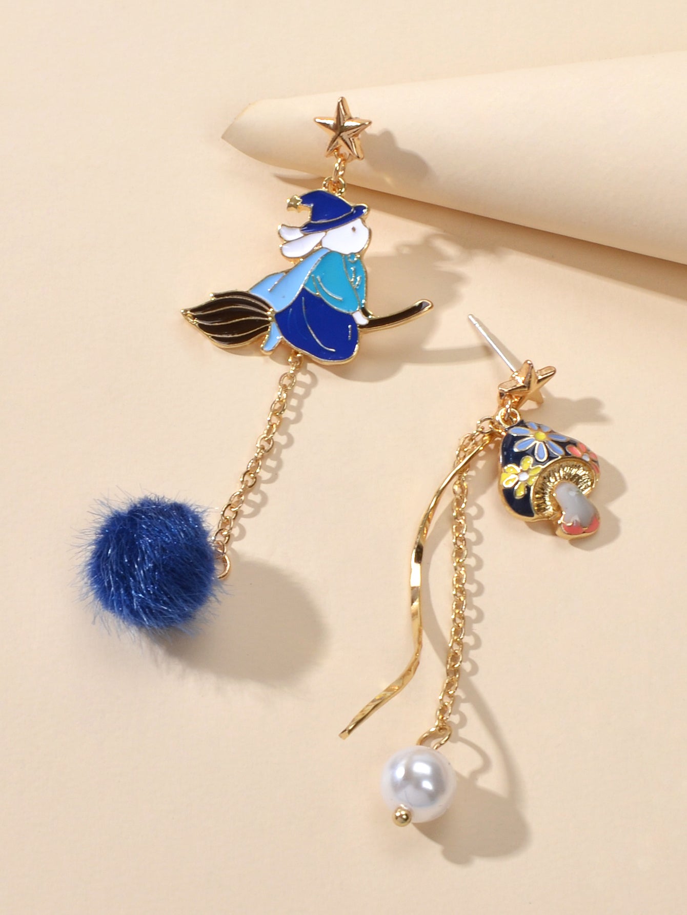 Cartoon Gold Star Colorful Rabbit Mushroom Asymmetric Pearl Blue Ball Earrings