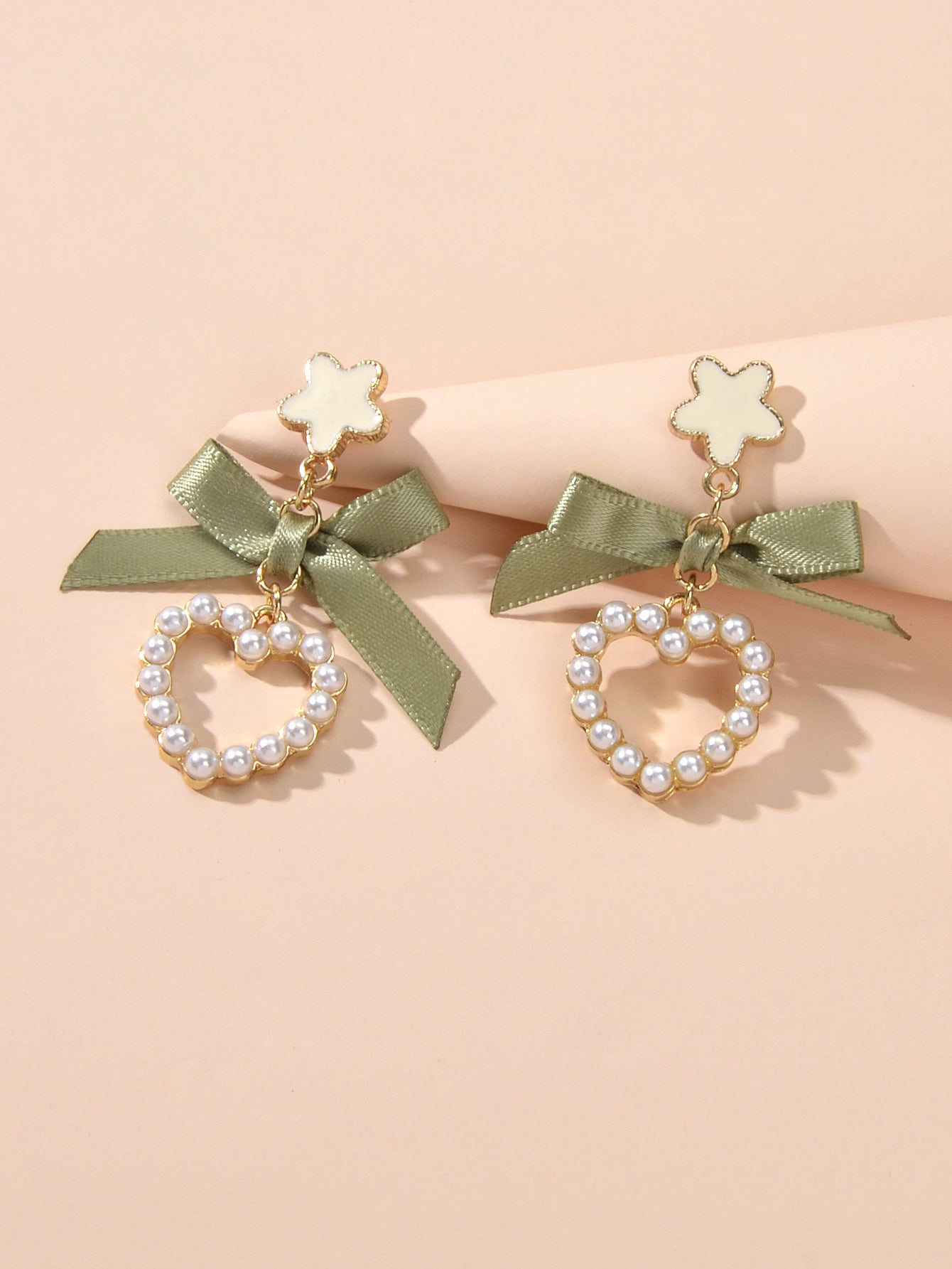 Cute Funny Handmade Enamel Flower Green Bow Pearl Heart Drop Earrings Women Gift