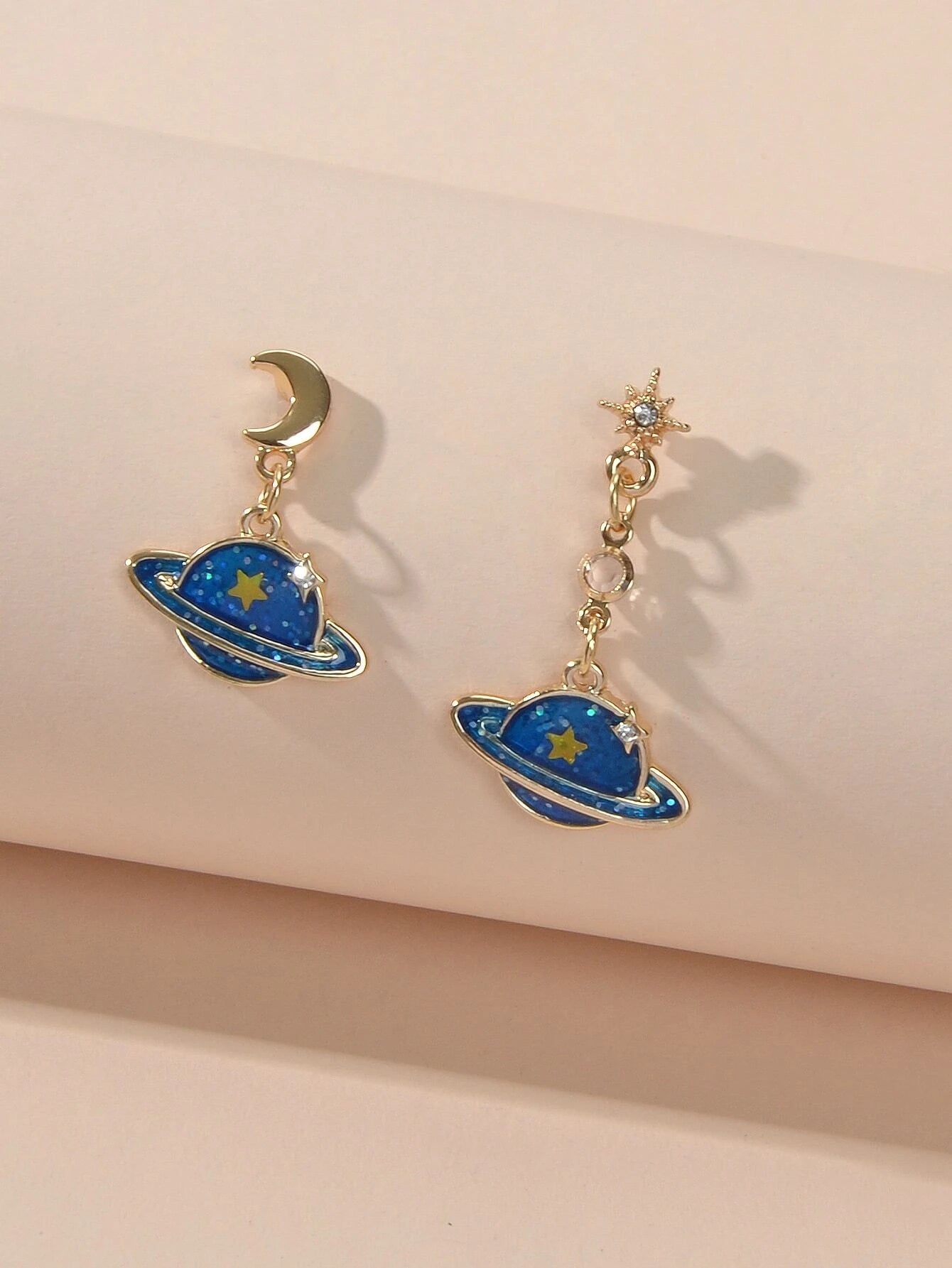 Fashion Jewellery Blue Enamel Planet Moon Star Asymmetric Drop Stunning Earrings