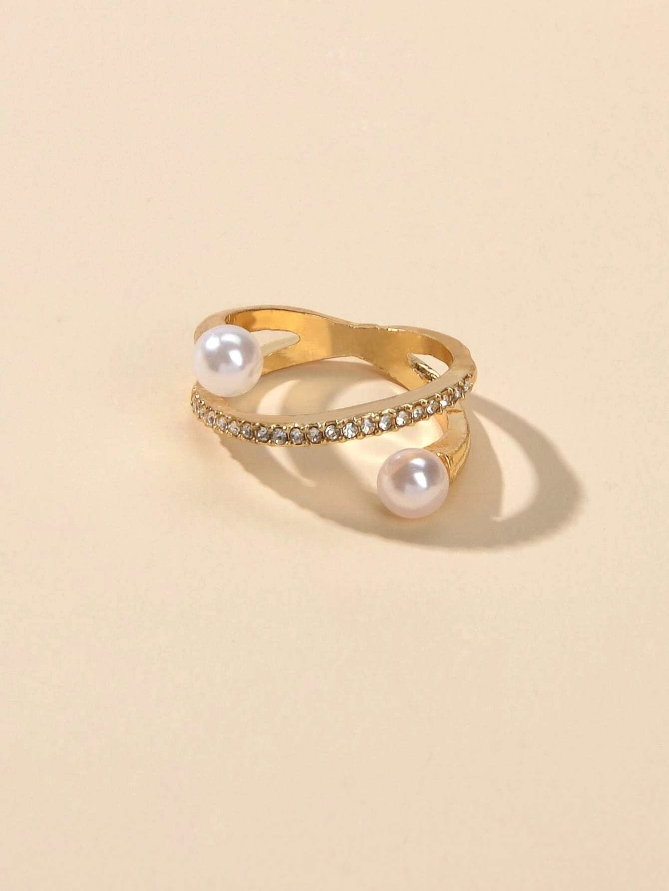 Textured Jewellery Rhinestone Pearl Eternity Gold Finger Ring for Wedding Party