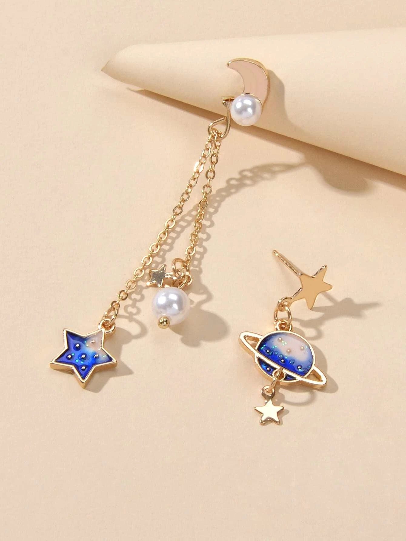 Asymmetric Pearl Star Planet Gold Chain Dangle Pierced Designer Jewelry Earrings