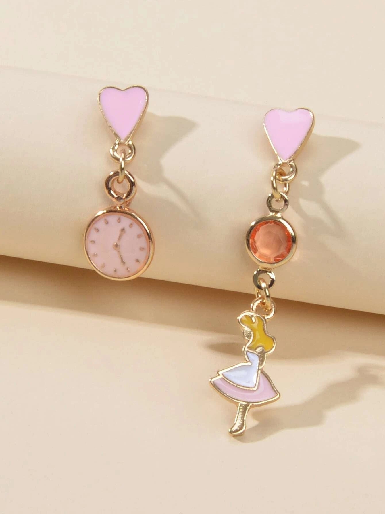 Cartoon Pink Heart Clock Dancer Asymmetric Drop Earrings Women Girls Dainty Gift