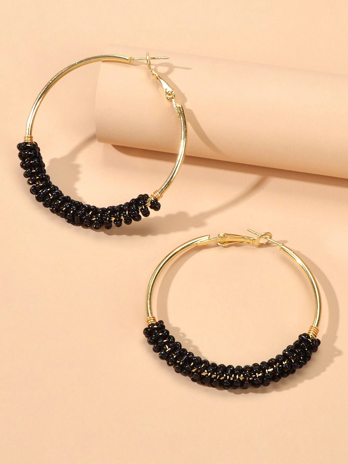 Bohemian Jewellery Handmade Black Beads Big Hoop Earrings Ethnic Women Accessory