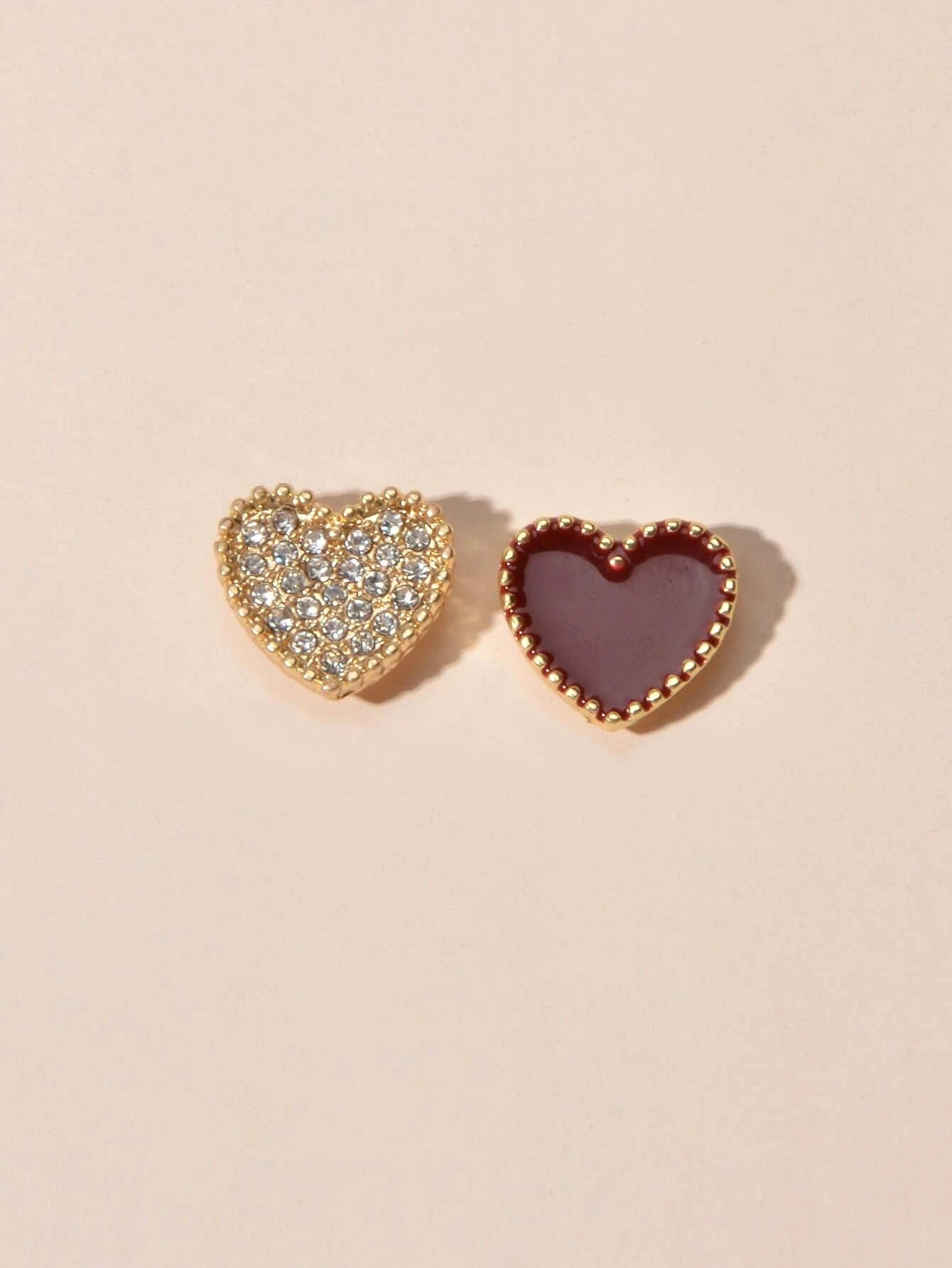 Full Rhinestone Red Enamel Heart Asymmetric Stud Gift Earrings For Women Teens