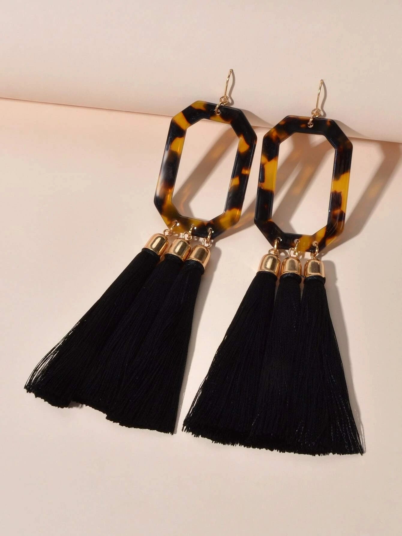 Bohemian Jewellery Leopard Acrylic Black Tassel Dangle Earring Ethnic Accessory