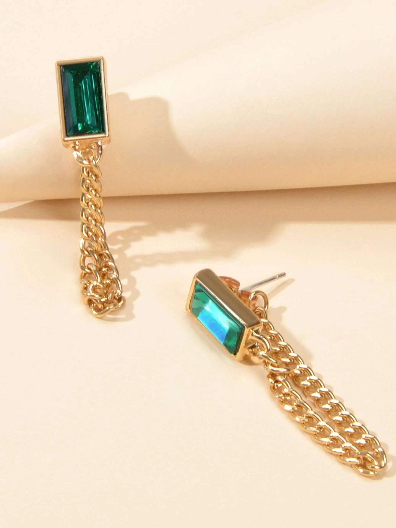 Gold Tone Chain Green Square Drop Dangle Earrings Ear Jacket Tassel Stud Jewelry