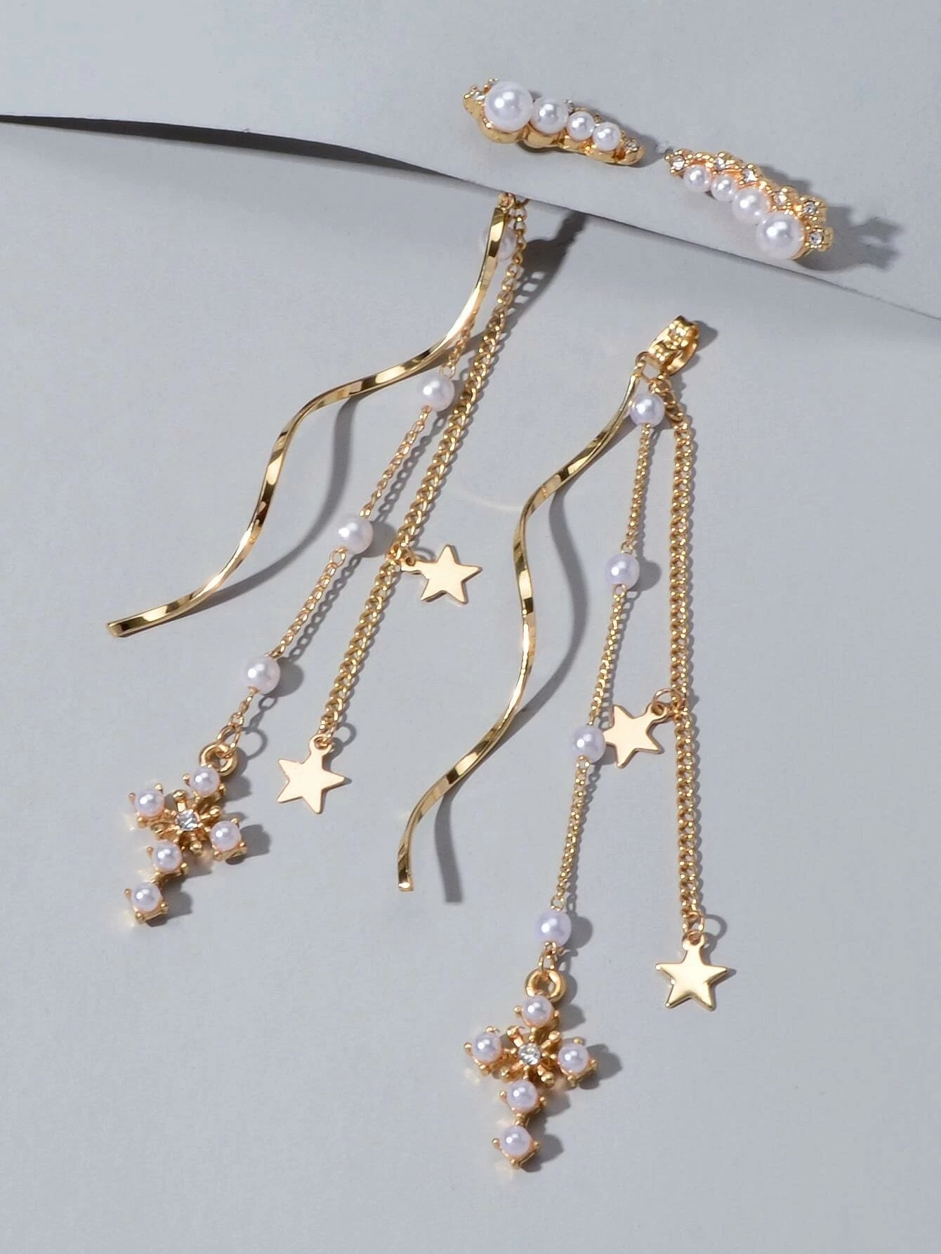 Rhinestone Pearl Gold Star Cross Charm Earrings Ear Jacket Tassel Stud Teen Gift