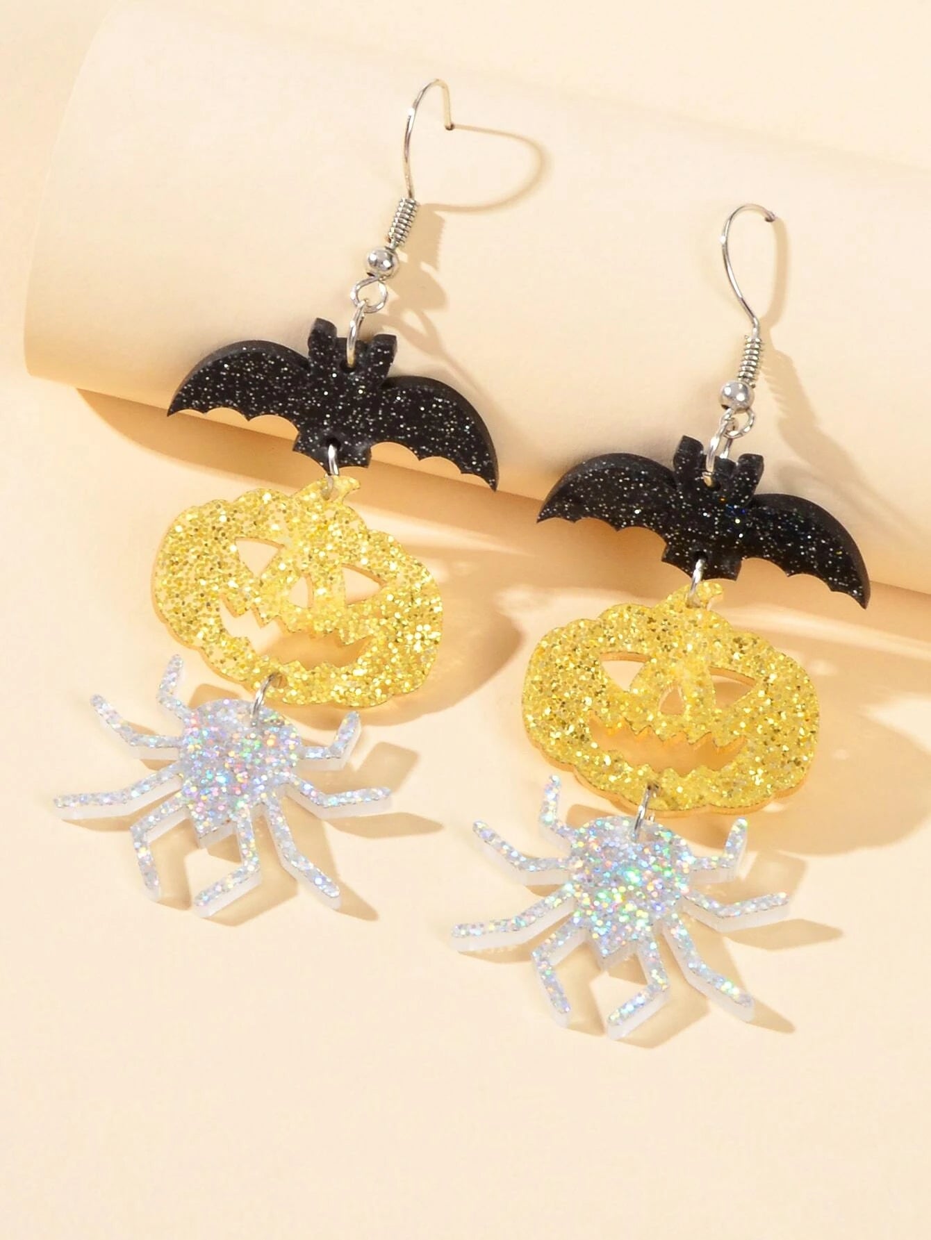 Halloween Gothic Acrylic Black Bat Spider Pumpkin Statement Drop Earrings Party