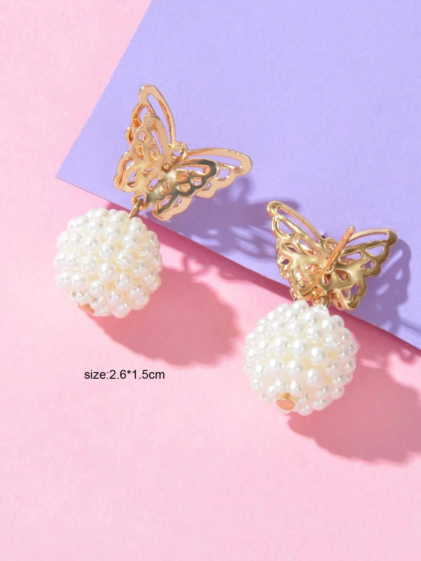 Faux Pearl Ball Gold Tone Butterfly Stud Earrings Women Teens Textured Jewellery