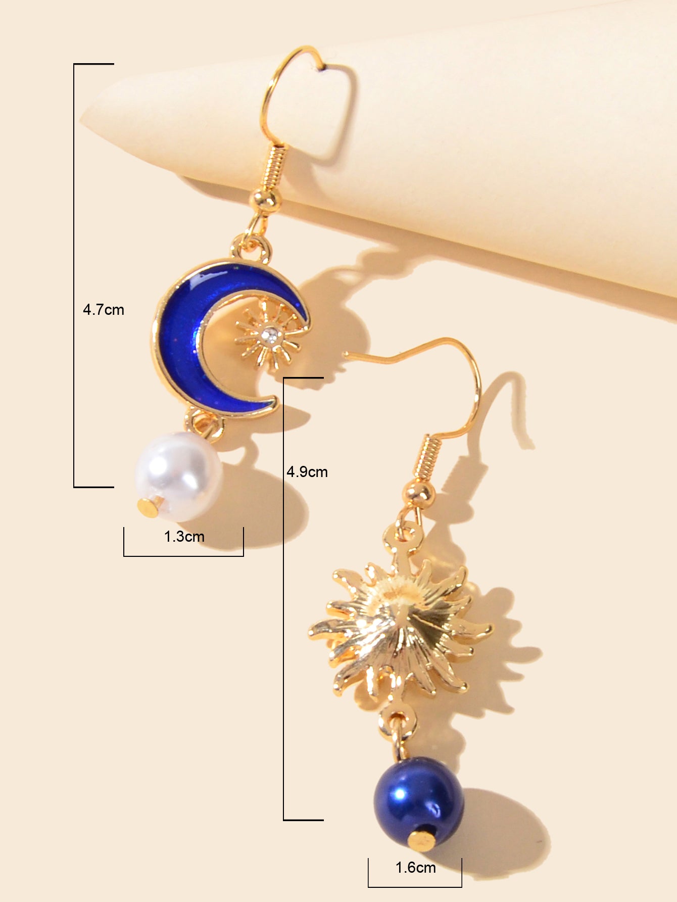 Asymmetrical Design Blue Moon Gold Sun Beads Charm Dangle Hook Textured Earrings