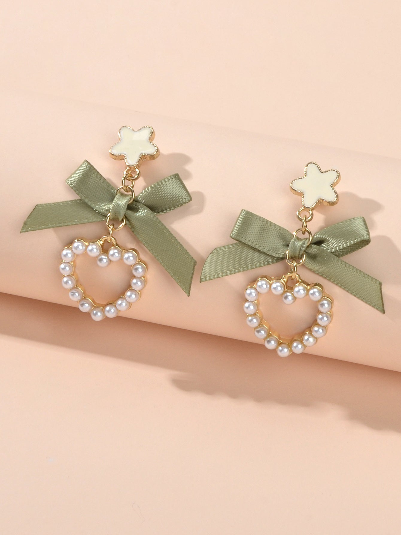 Cute Funny Handmade Enamel Flower Green Bow Pearl Heart Drop Earrings Women Gift