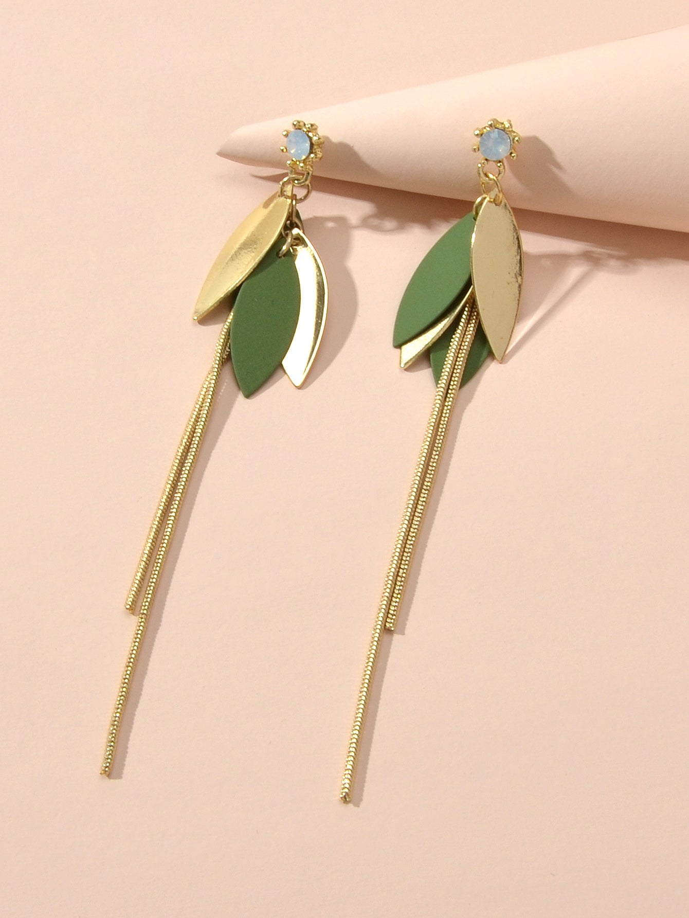 Female Jewellery Gold Green Leaf Long Chain Dangle Pierced Charm Women Earrings