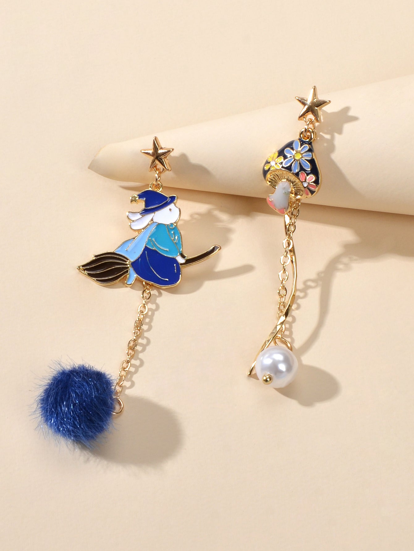 Cartoon Gold Star Colorful Rabbit Mushroom Asymmetric Pearl Blue Ball Earrings