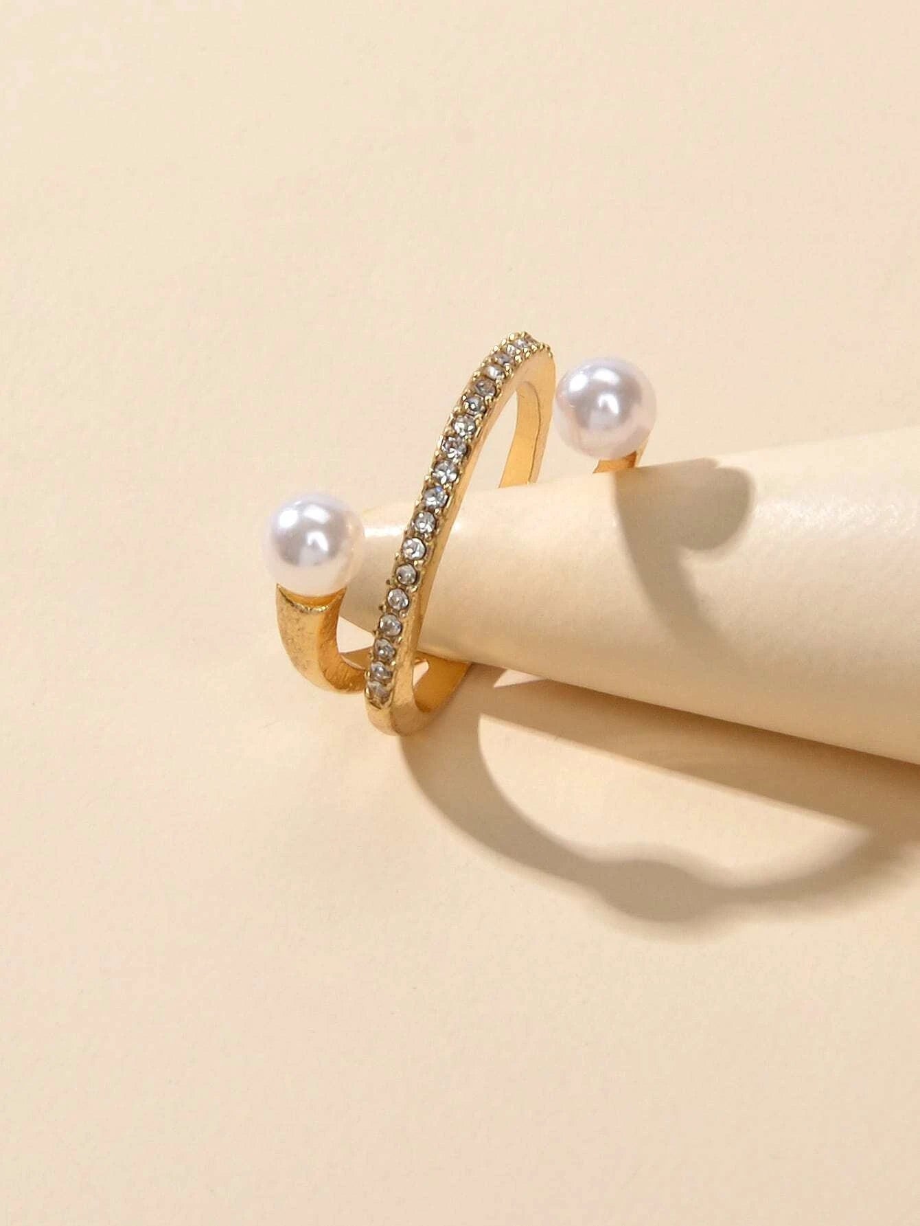 Textured Jewellery Rhinestone Pearl Eternity Gold Finger Ring for Wedding Party