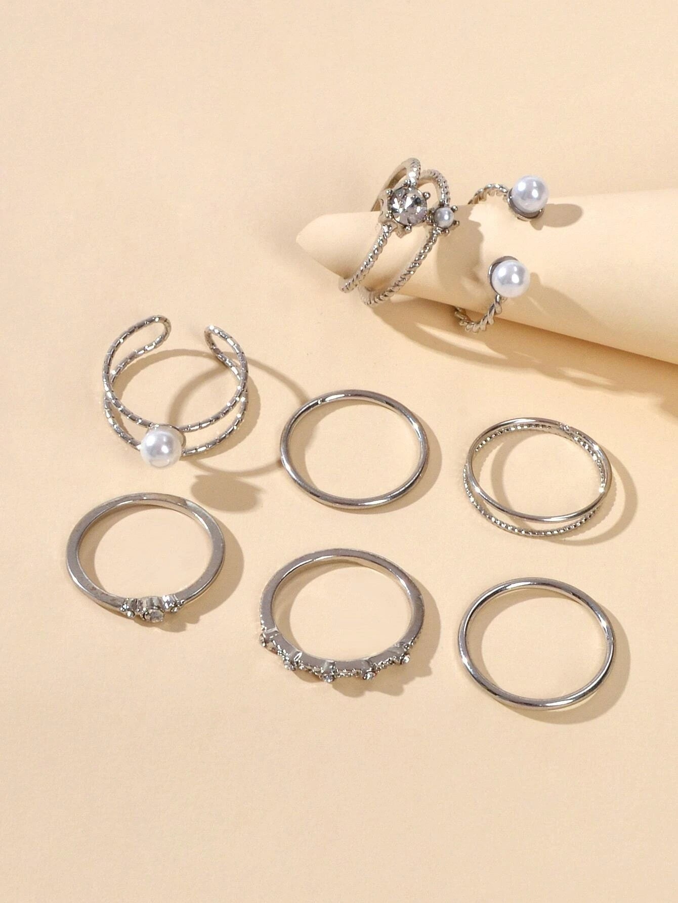 AU Stock 8pcs Pearl Rhinestone Geometric Cuff Knuckle Rings set Girls Teens Gift